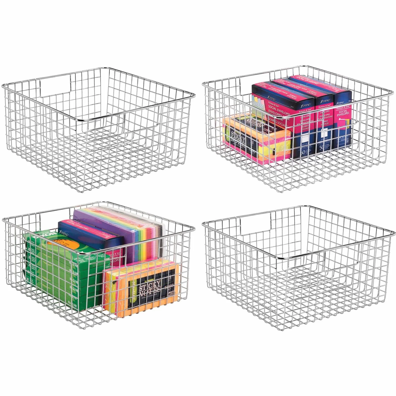 mDesign Organizer scrivania per posta, carte e cancelleria – Cesta metallo per uffici, scuola, camere da letto, cucine, bagni, garage – Cesta portaoggetti con manici incorporati – Set da 4 – cromato