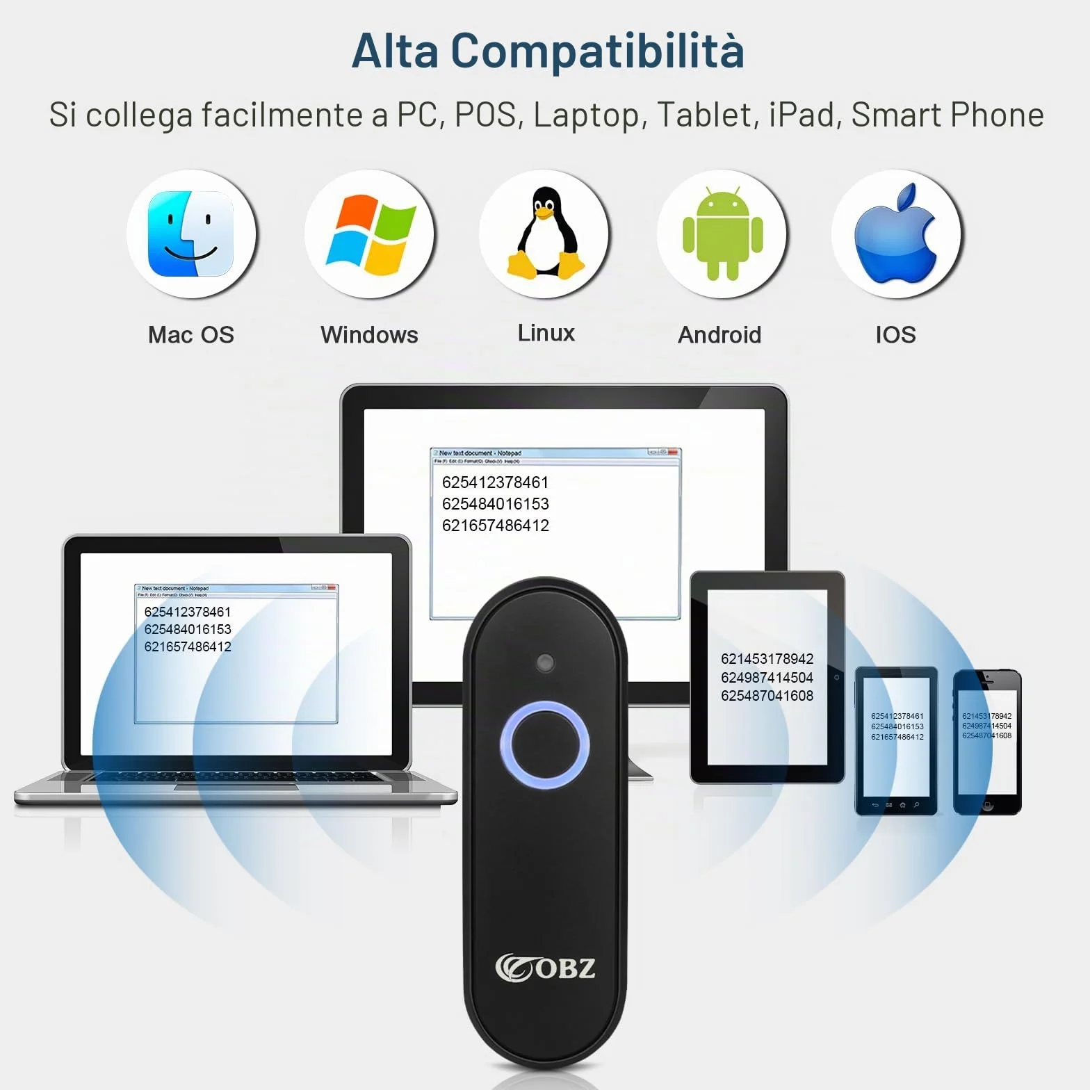 OBZ Mini Lettore Codice a Barre Wireless 1D 2D QR - Lettore Barcode Bluetooth (USB Cablato + 2.4GHz) Scanner Portatile per PC, Android, Mac OS, iOS, Phone
