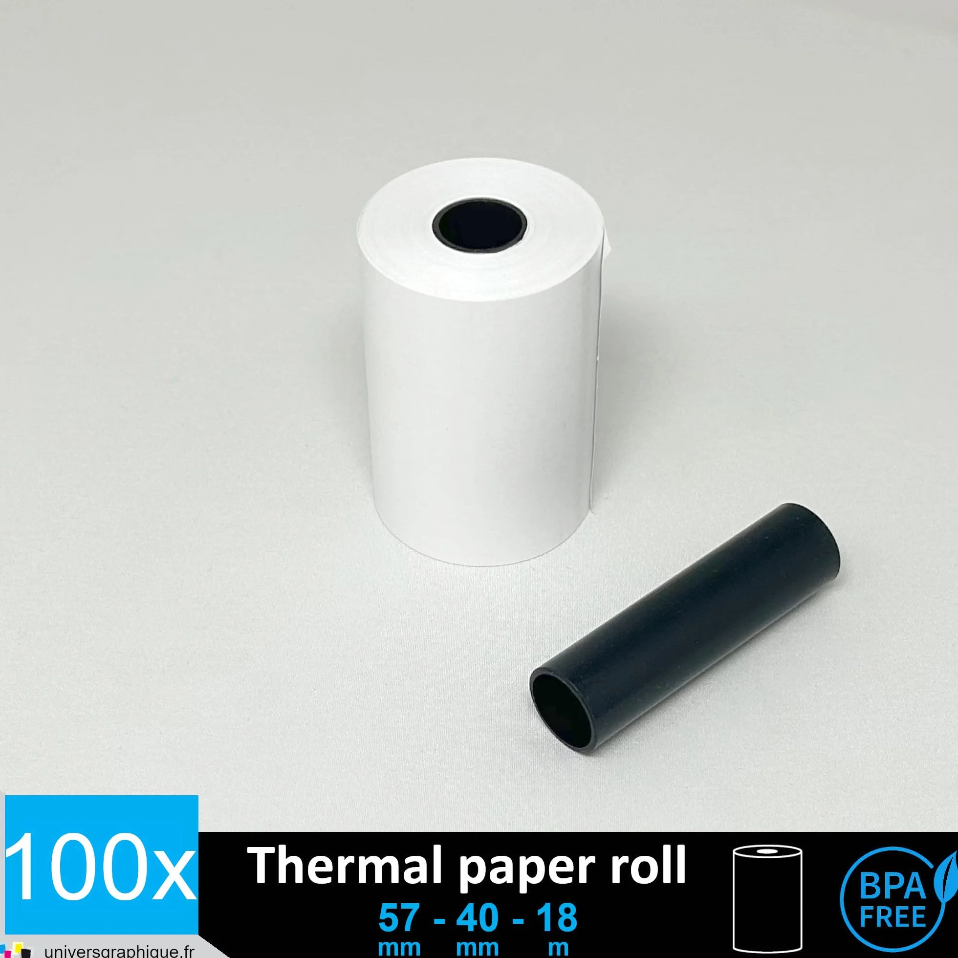 UniversGraphique 100 Rotoli di Carta Termica per Stampare Scontrini, 57mm x 40mm, Carta Bianca di Alta Qualità senza BPA