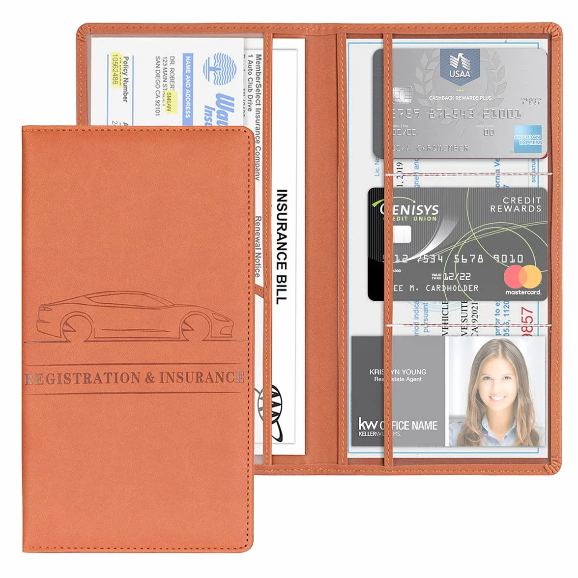 Porta Carte Documenti Auto in Pelle PU, Supporto Assicurazione Auto, Portadocumenti Immatricolazione, Patenti, Marrone