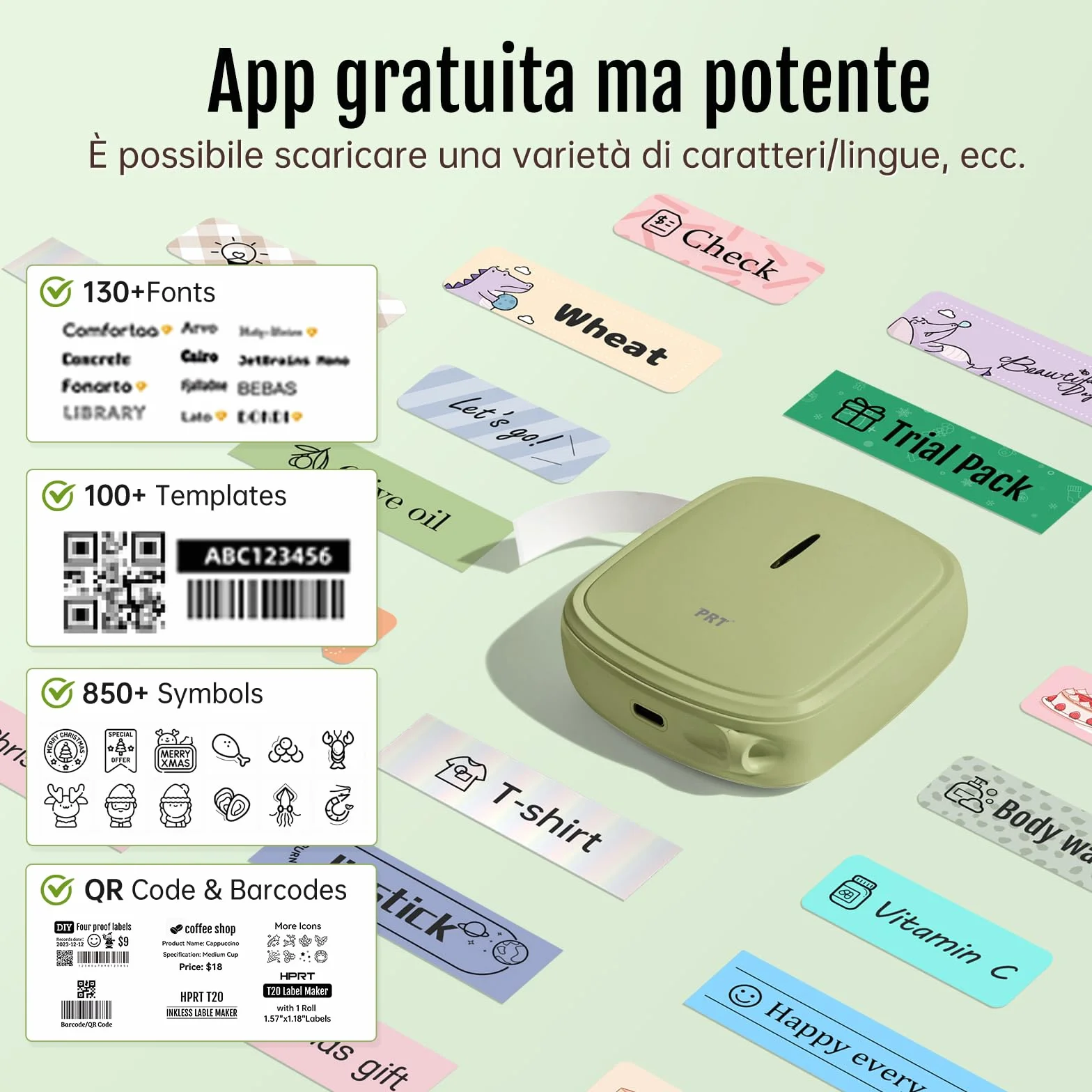 PRT Mini Etichettatrice Portatile Bluetooth Stampante Termica Etichette iOS Android Verde