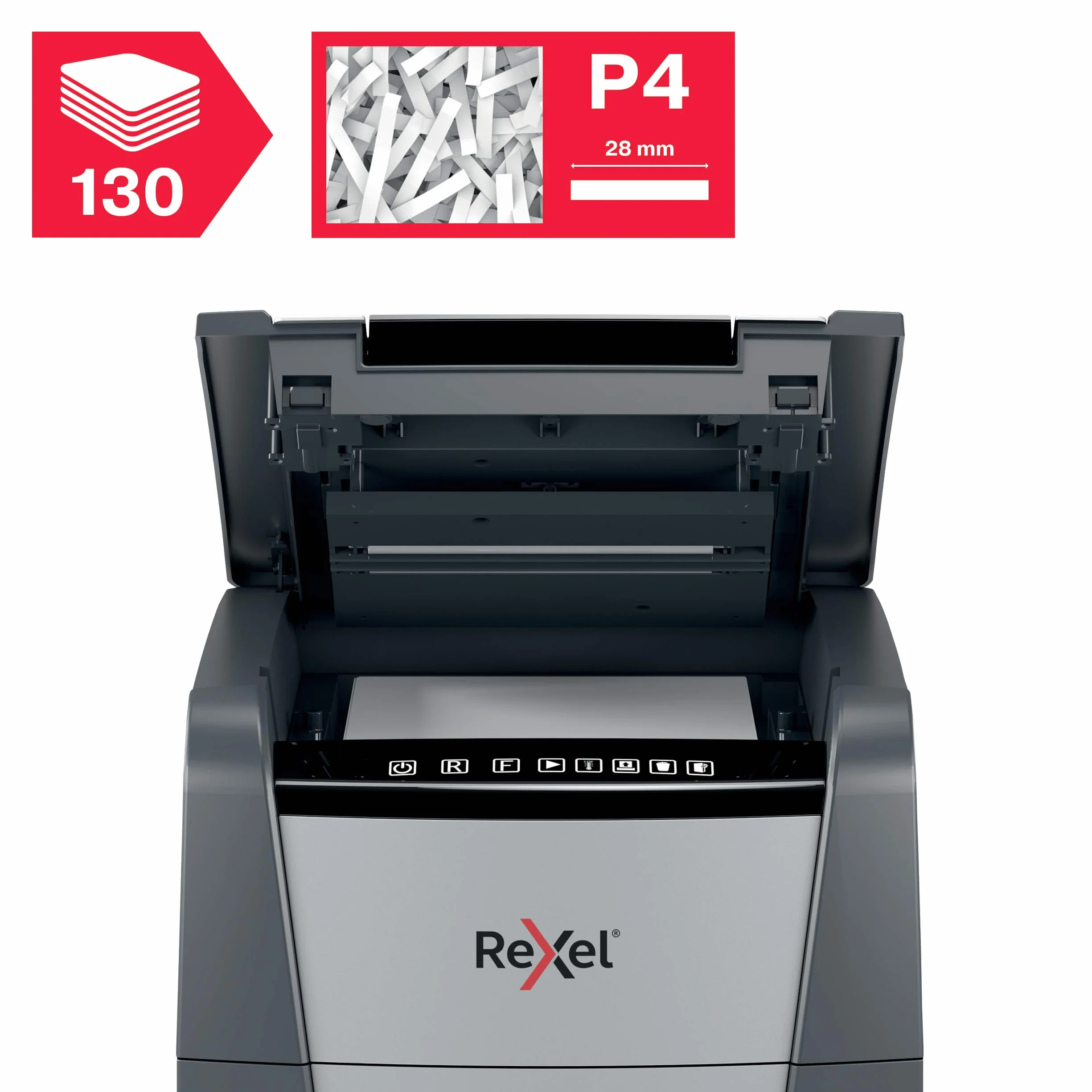 REXEL Optimum Auto Feed+ 130X, Distruggidocumenti Automatico, 130-150 Fogli (80-70 gr/mq), Taglio a Frammento, Livello di Sicurezza P-4, per Piccoli Uffici, Capacità 44 Litri, 2020130XEU