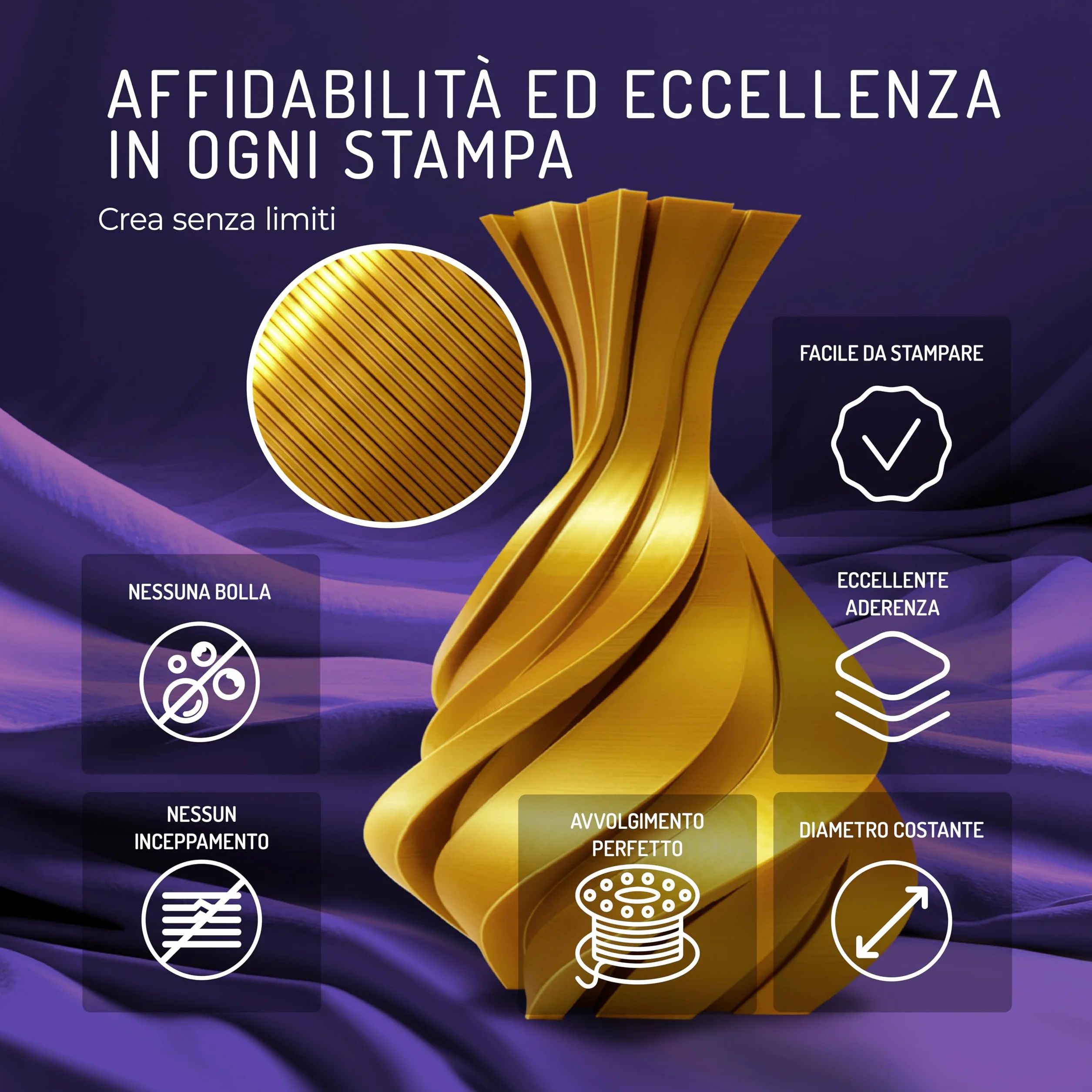 WINKLE Filamento PLA Silk 1.75mm Oro King 1kg per Stampante 3D FDM Precisione Dimensionale +/- 0.05mm