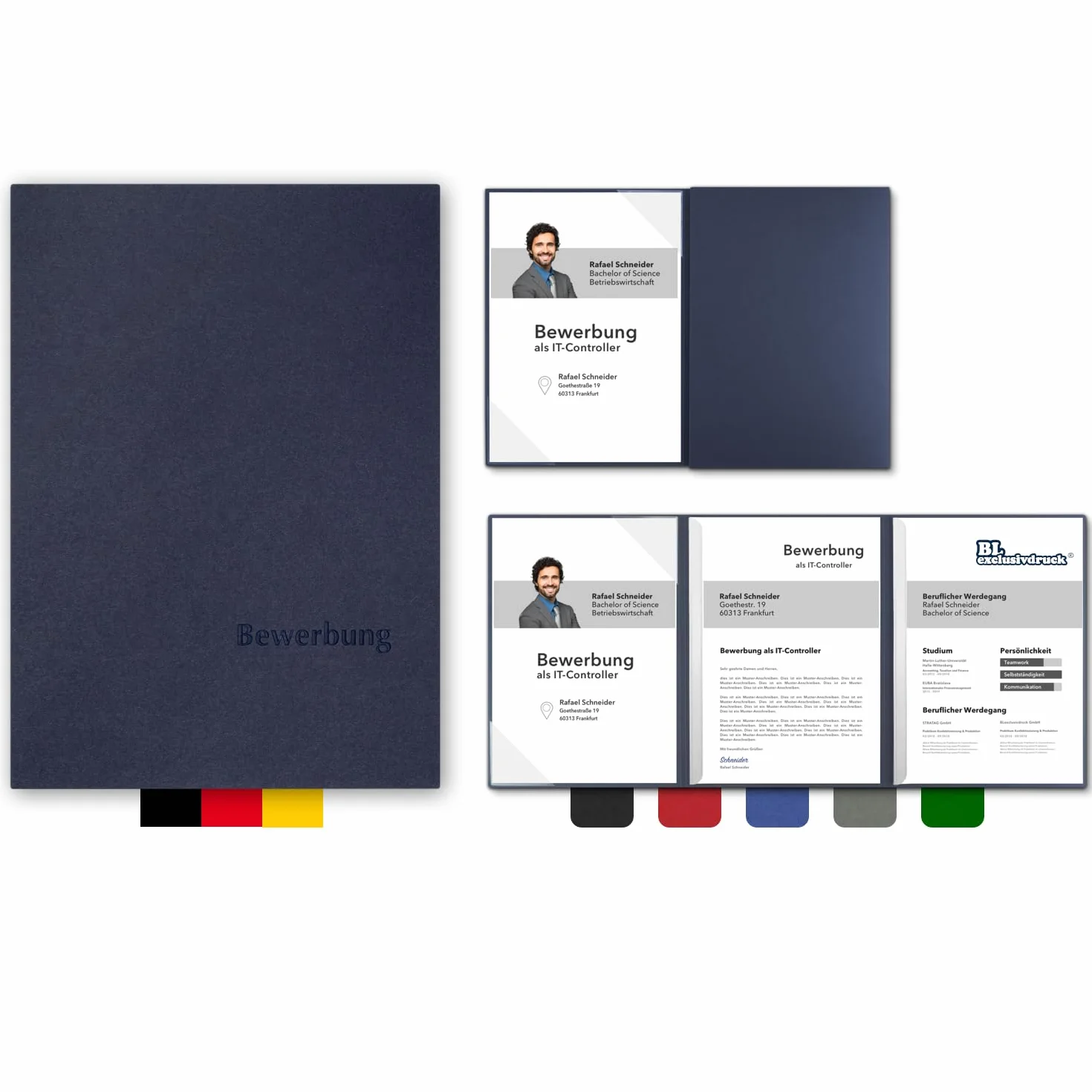 BL-exclusivdruck® Optima-Plus - Cartelline portadocumenti in 3 parti, colore blu navy, qualità premium con elegante rilievo in rilievo "Bewerbung", design del prodotto di Mario Lemani (confezione da