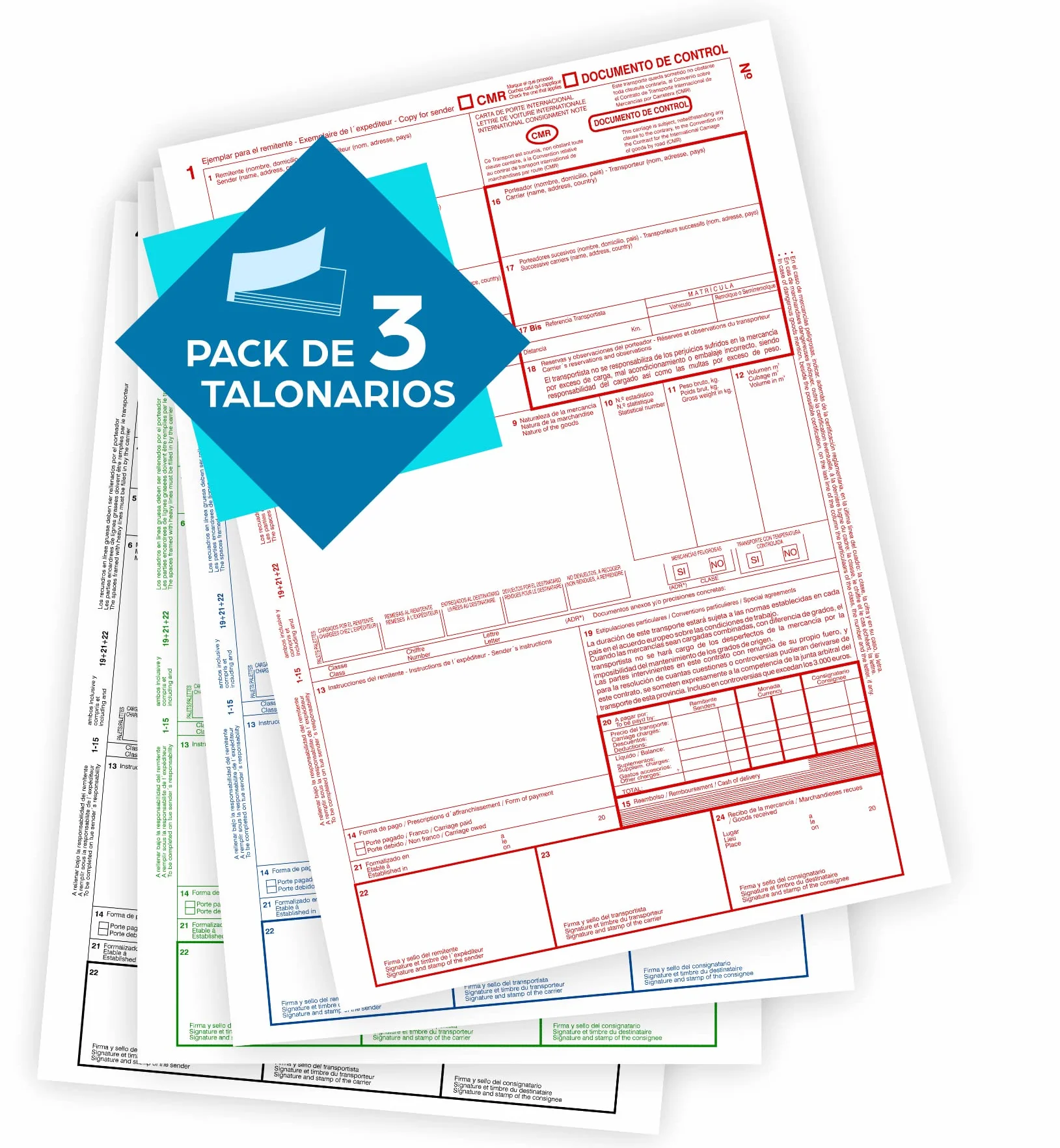 CMR Confezione da 3 libri autocopie numerate per trasporto internazionale, rosso, blu, verde, nero