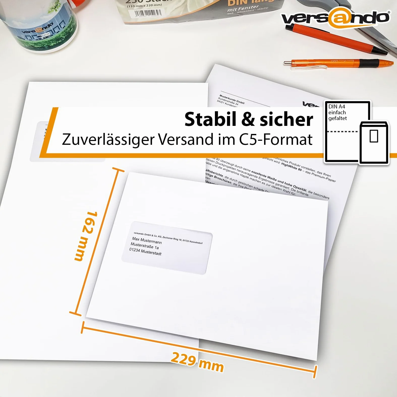 versando 500 buste per lettere, formato C5, 162 mm x 229 mm, con finestra, | autoadesive, colore: bianco