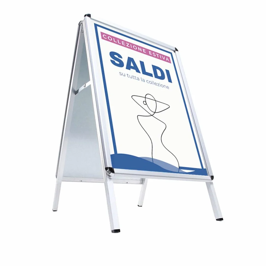 Cavalletto Pubblicitario con Cornice espositiva a scatto 50x70 frame 32 in alluminio - espositore BIFACCIALE per ufficio, negozio, ristorante, hotel, B&B, con foglio protettivo in PVC
