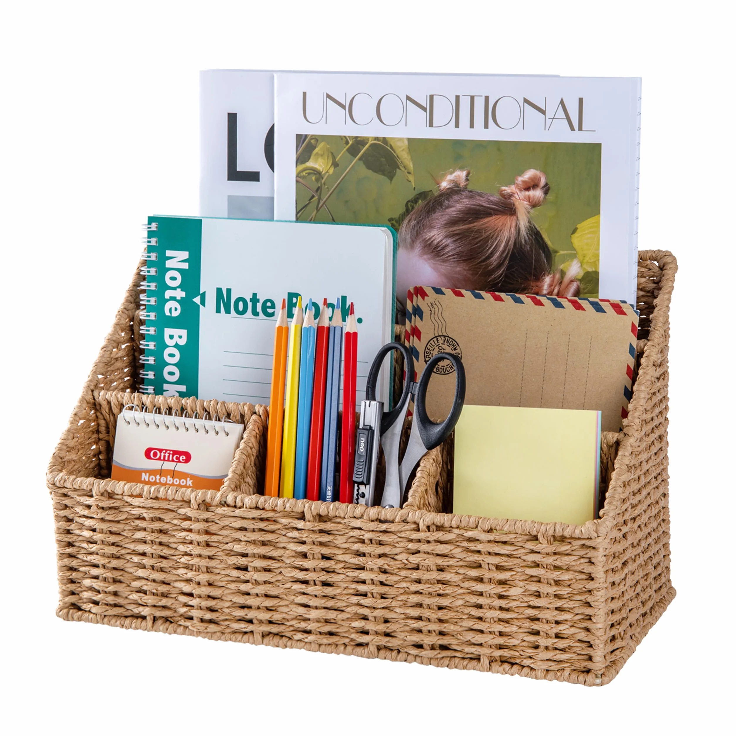 DINGTAI Organizer da scrivania in rattan, supporto per posta da tavolo, 5 scomparti, cestino da bancone, forniture per ufficio in rattan, accessori da scrivania in vimini, organizer da scrivania in