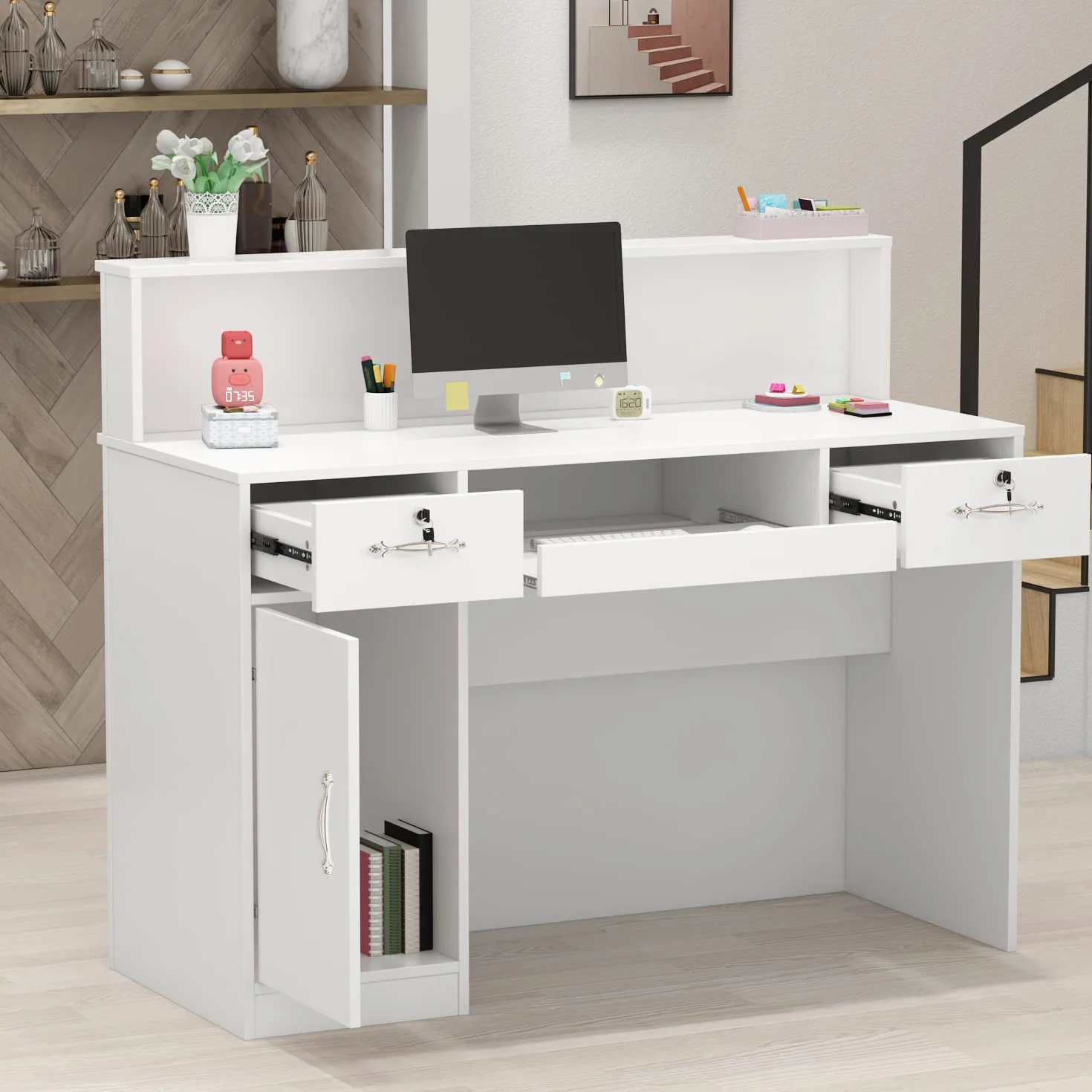 Banco reception con cassetti, banco reception, banco ufficio, per sale aziendali, reception di hotel, negozi di abbigliamento, pasticcerie, frutterie 50 P x 120 L x100 H cm, JRIT250007-01