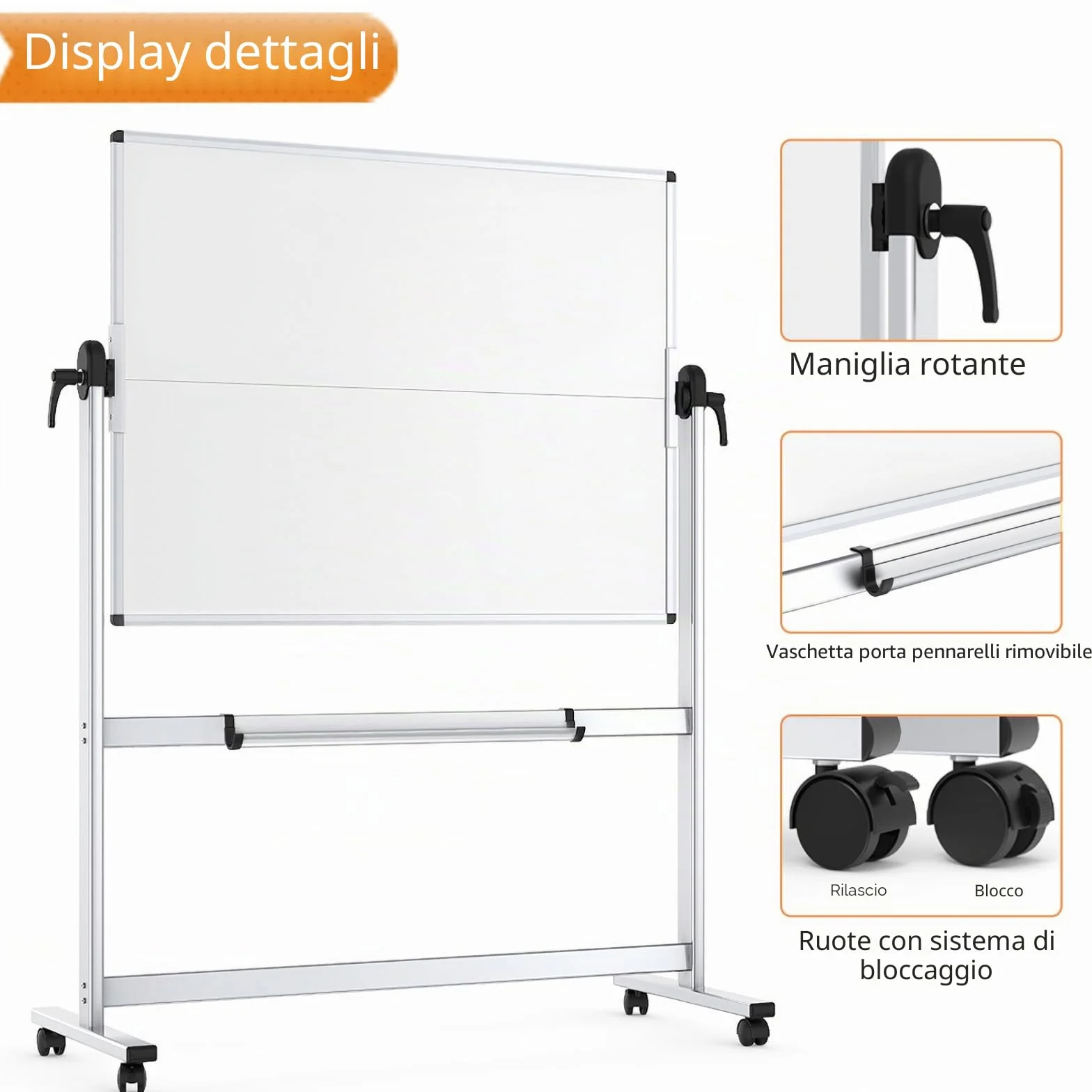 VIZ-PRO Lavagna bianca mobile bifacciale, 120 x 90 cm, lavagna bianca magnetica con rotella cancellabile a secco su ruote, telaio in alluminio e supporto