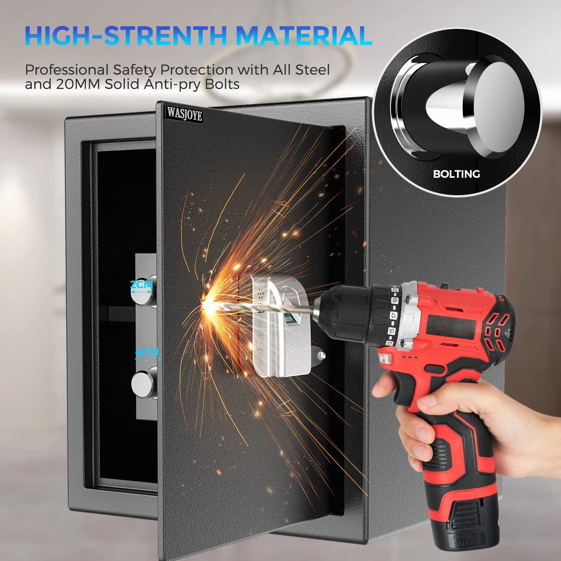 WASJOYE Cassaforte per Impronte Digitali, Cassaforte Biometrica con Chiave, Cassaforte Elettronica Automatica con Identificazione delle Dita, Cassetta di Sicurezza per Casa Hotel Ufficio, 38.08L
