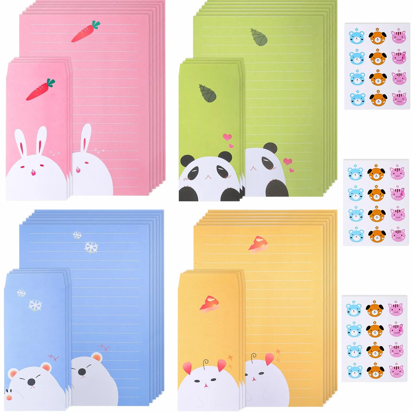 Set di Carta da Lettere e Buste Colorate 24+12 Animali Carini per Inviti Scuola Ufficio Casa Biglietti di Auguri (4 colori)