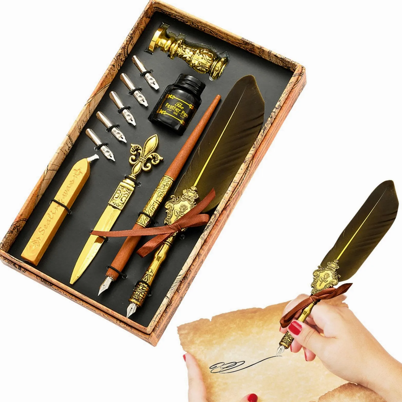 Generisch Set di penne per calligrafia, set di penne a immersione vintage | set di penne a immersione, inchiostro, punte di ricambio, ceralacca