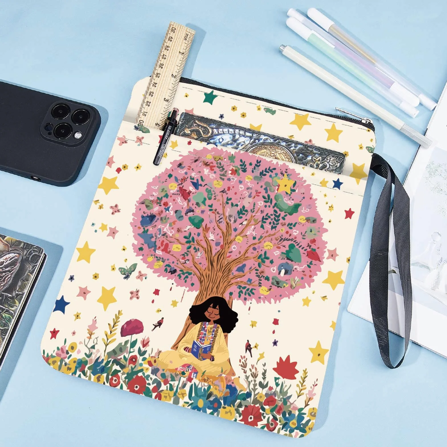 CRASPIRE Custodia per Libro con Albero Stelle Fiore Copertina in Tessuto Lavabile con Cerniera