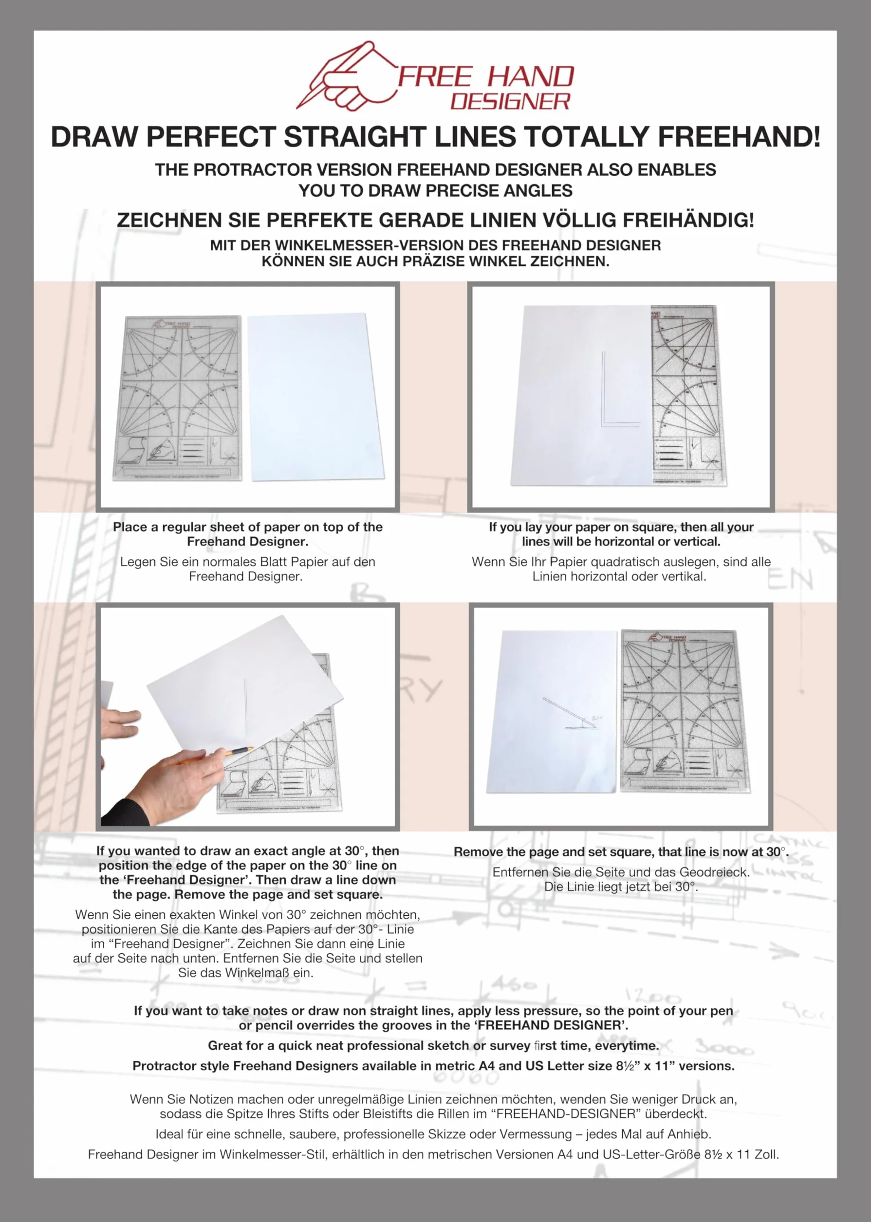 A4 Freehand Designer Foglio Griglia e Goniometro - Modelli per tracciare linee dritte e angoli precisi