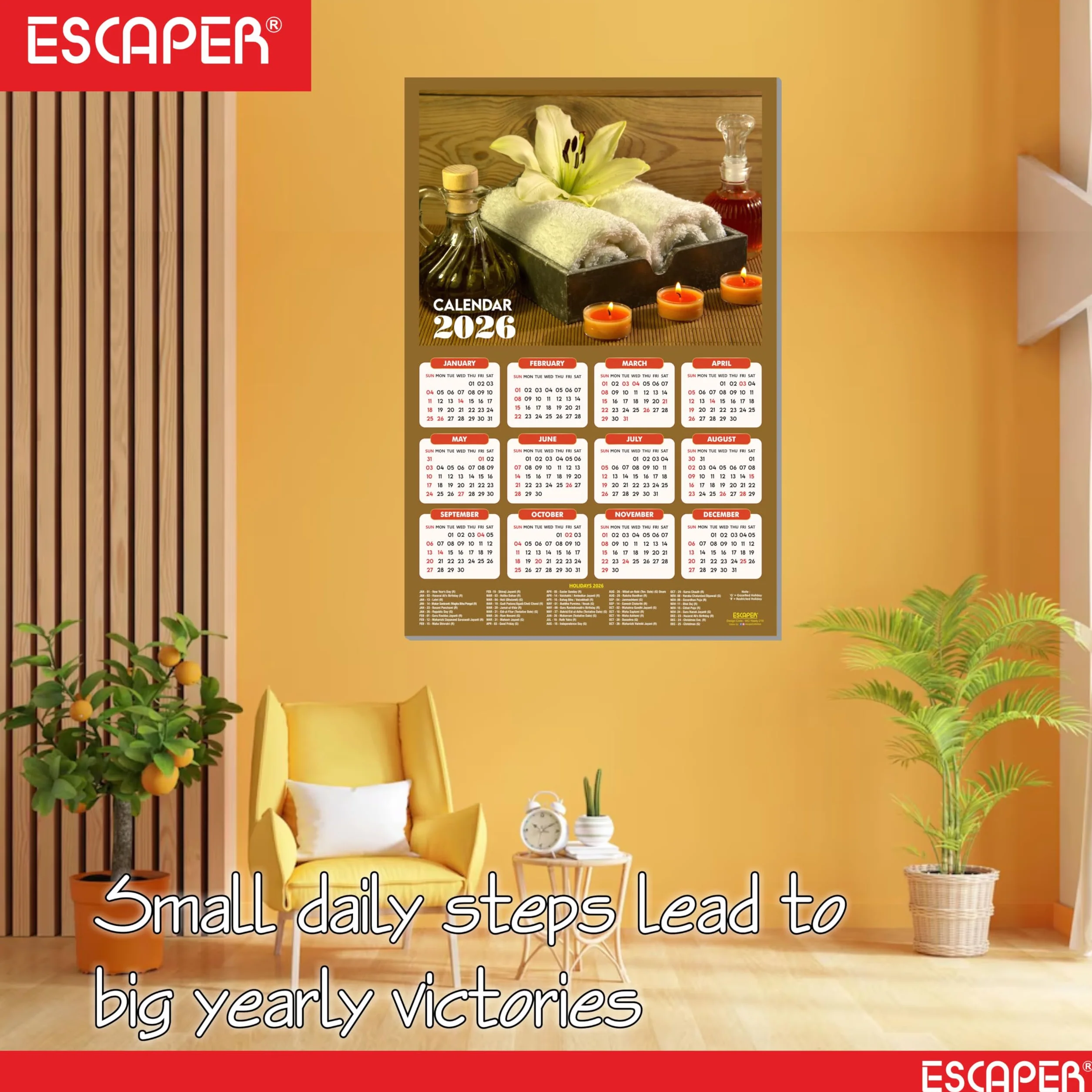 ESCAPER Calendario da parete Body Spa 2025 da appendere (45 x 30 cm), calendario da parete ayurvedico spa 2025, calendario da parete 2025, calendario da parete 2025, decorazione da parete spa
