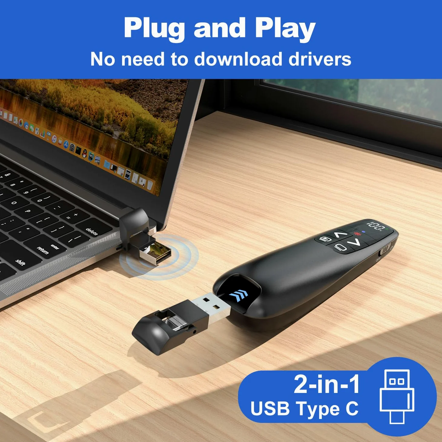 Pulsante wireless per presentazioni con puntatore rosso, Power Smart Digital Display PowerPoint Presenter Remote, USB C ricaricabile A Google Slide Advancer per Mac Laptop PC Computer Keynote
