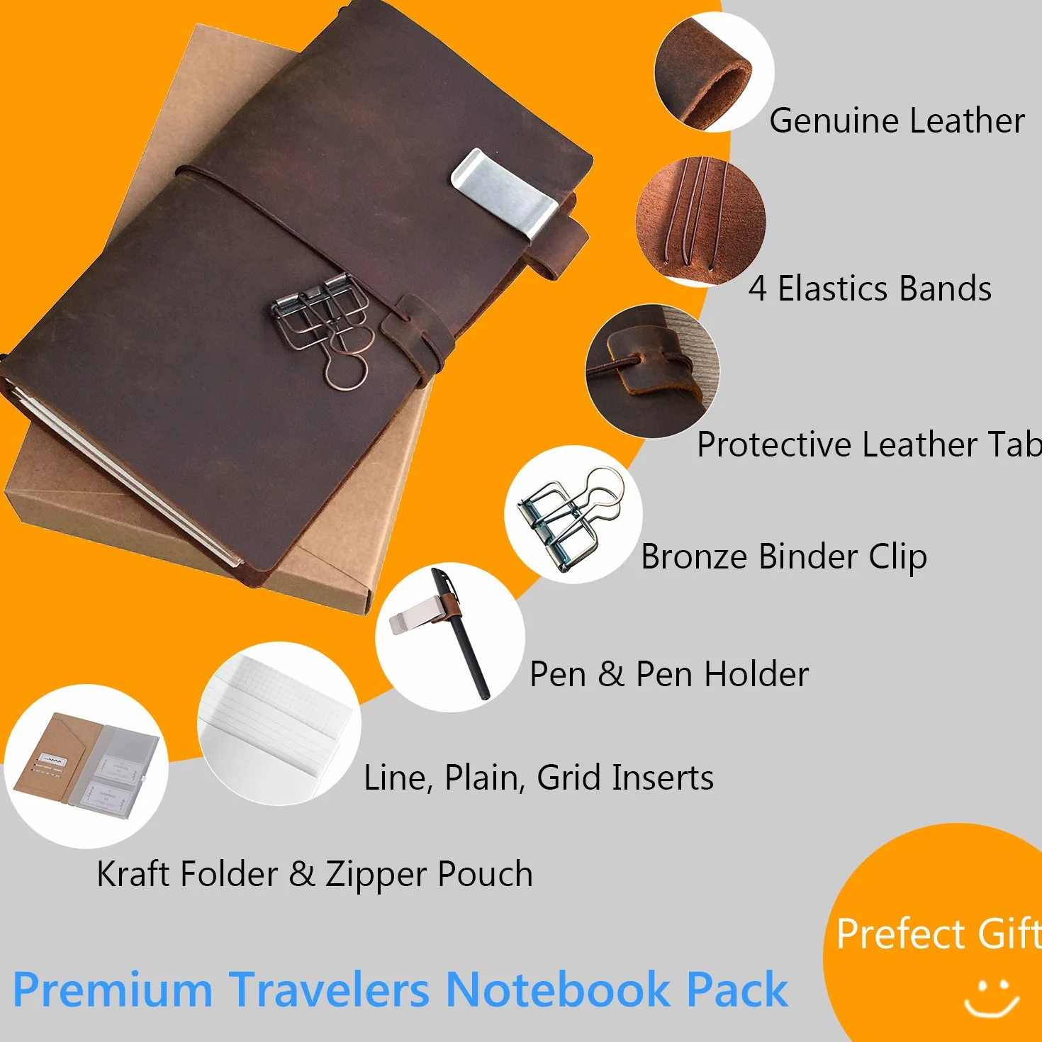 Diario ricaricabile, in pelle, 11,4 x 21,6 cm, con 5 inserti, portapenne e clip fermacarte, dimensioni standard, marrone