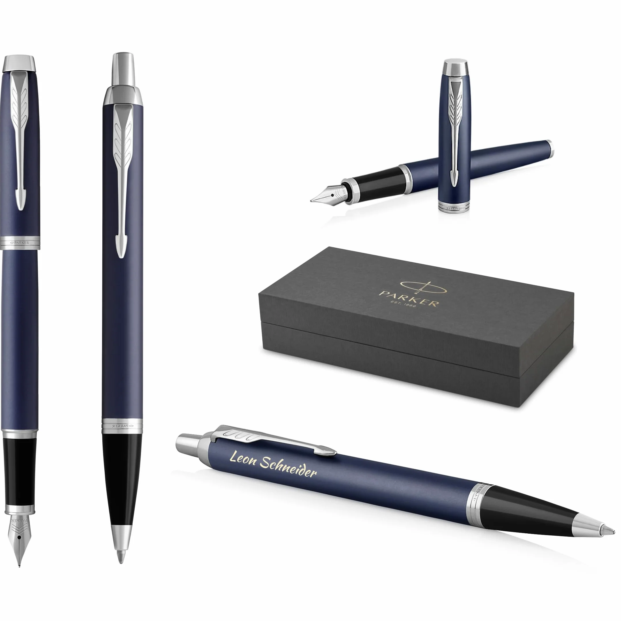 Parker IM Core - Penna stilografica e penna a sfera con incisione | penna premium | confezione regalo | mina nera | regalo personalizzato | nome | inciso | compleanno (opaco Blue C.C.)