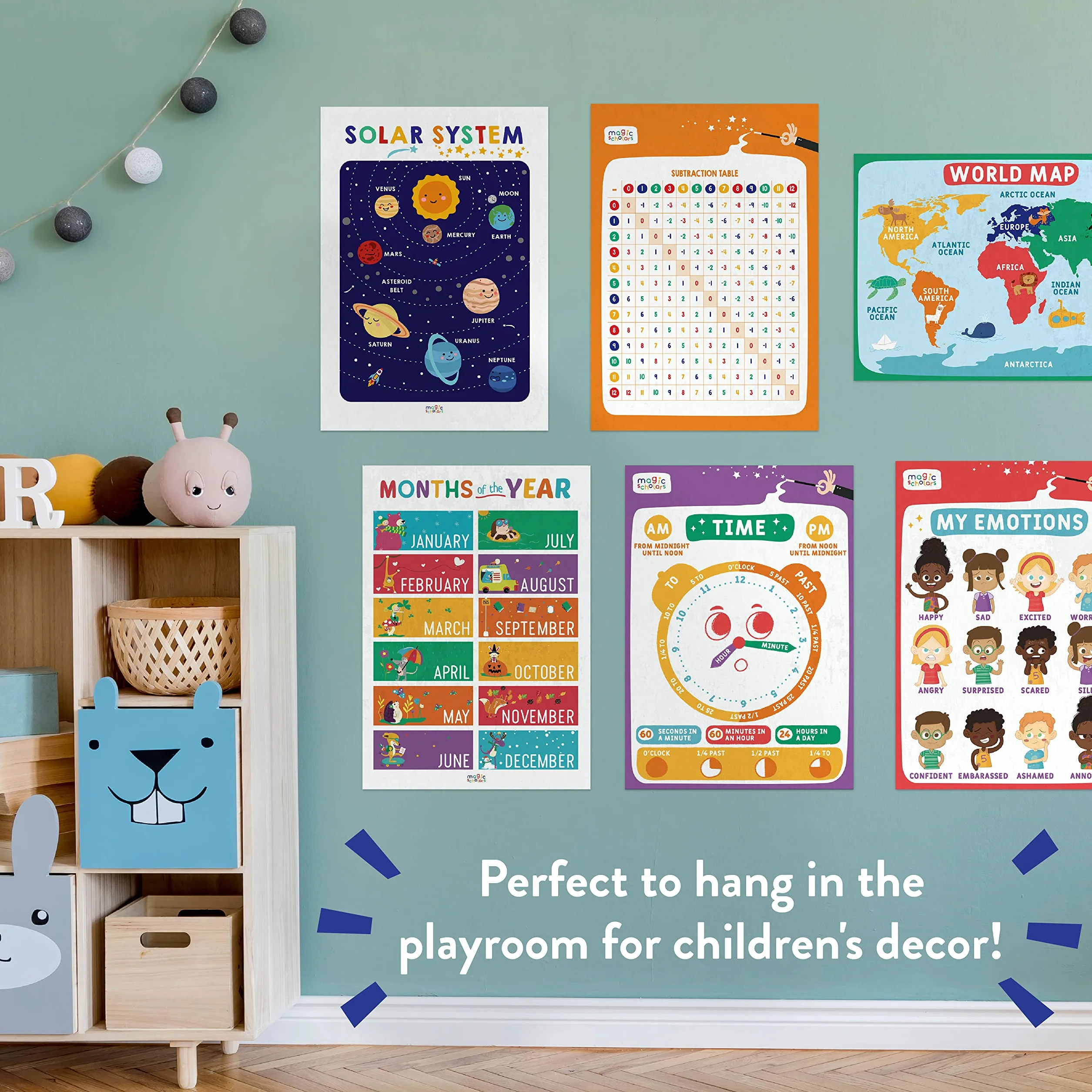 Magic Scholars Poster Bambini per Imparare l'Inglese Confezione 18 Cartoncini Impermeabili Alfabetiere Colori Giorni Settimana Sistema Solare