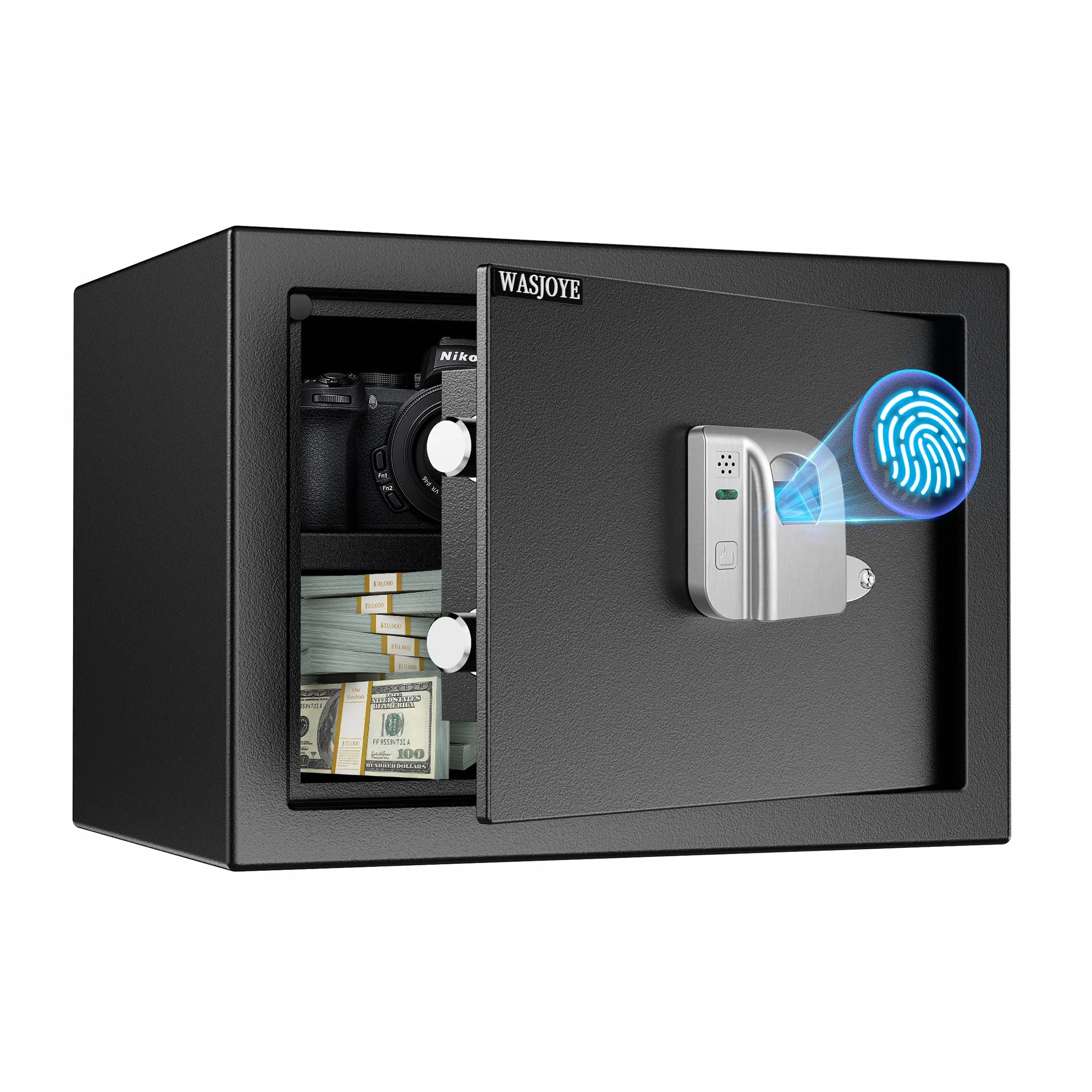 WASJOYE 25L Cassaforte per Impronte Digitali, Cassaforte Biometrica con Chiave, CassafortI Elettronica Automatica con Identificazione delle Dita, Cassetta di Sicurezza per Casa Hotel Ufficio