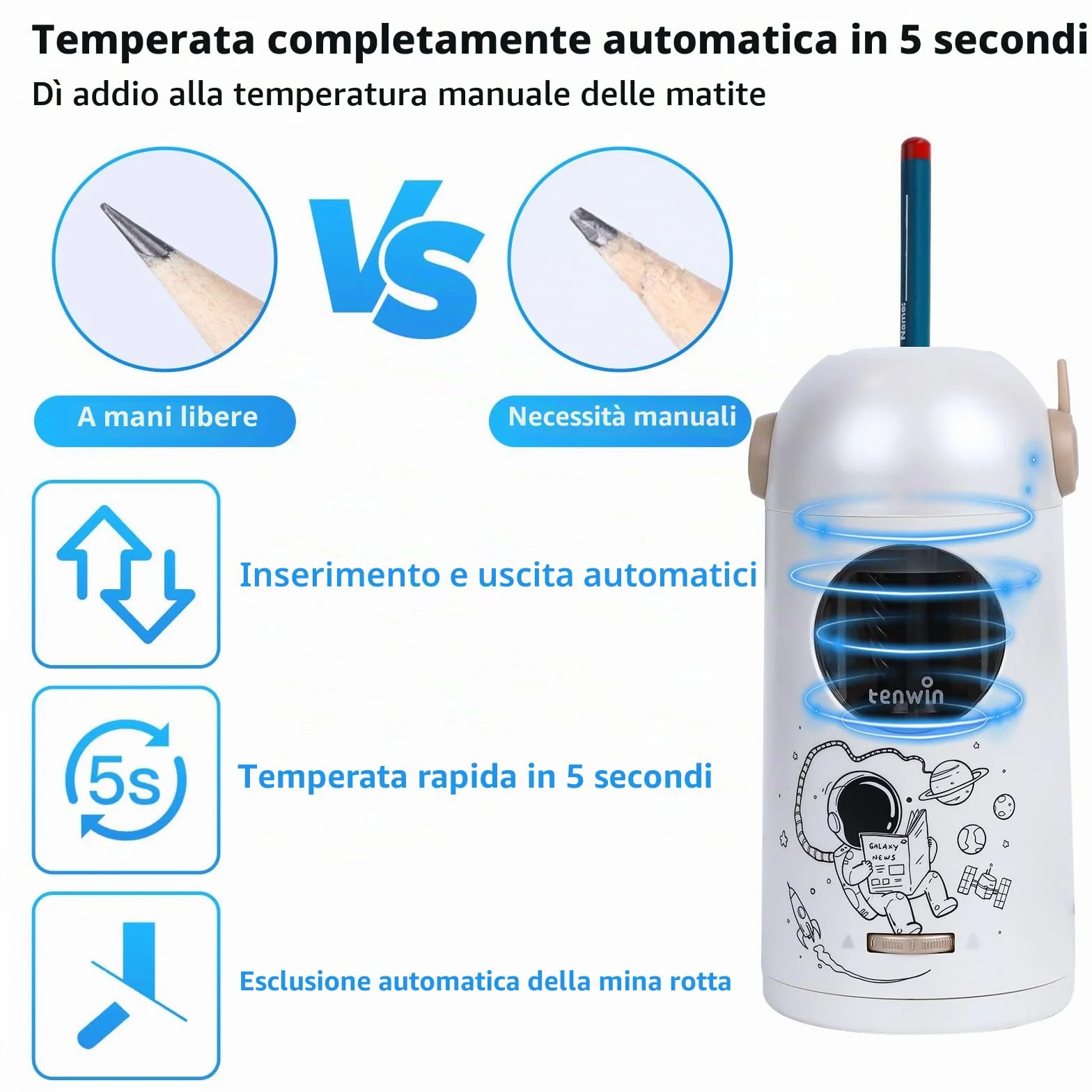 tenwin Temperamatite elettrico completamente automatico, temperamatite ricaricabile con contenitore per matite colorate da 7 a 11,5 mm, portatile e sicuro per casa, ufficio, scuola (argento)