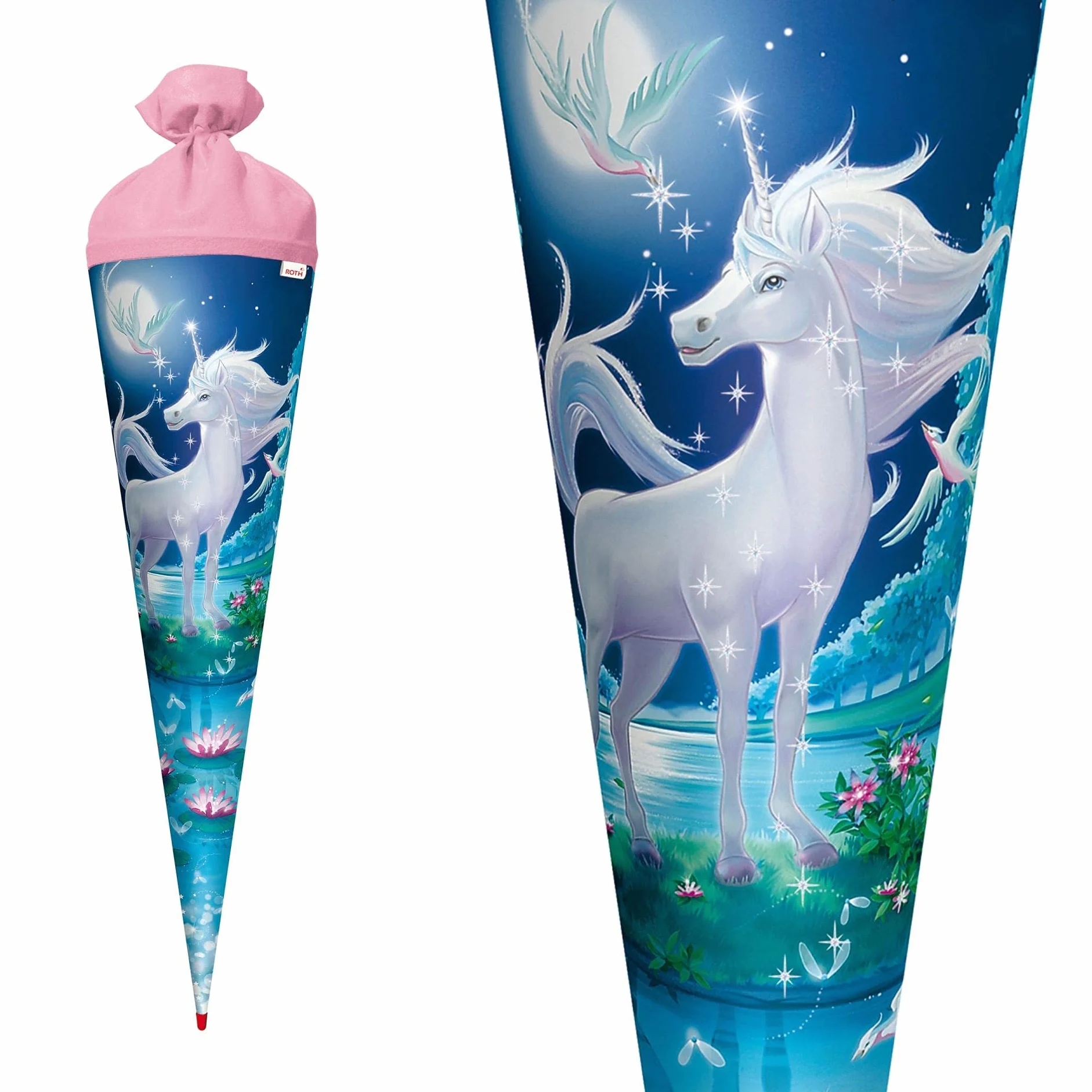 ROTH Cono scolastico grande unicorno lunare 70 cm – Glitter rosso con tappo in feltro