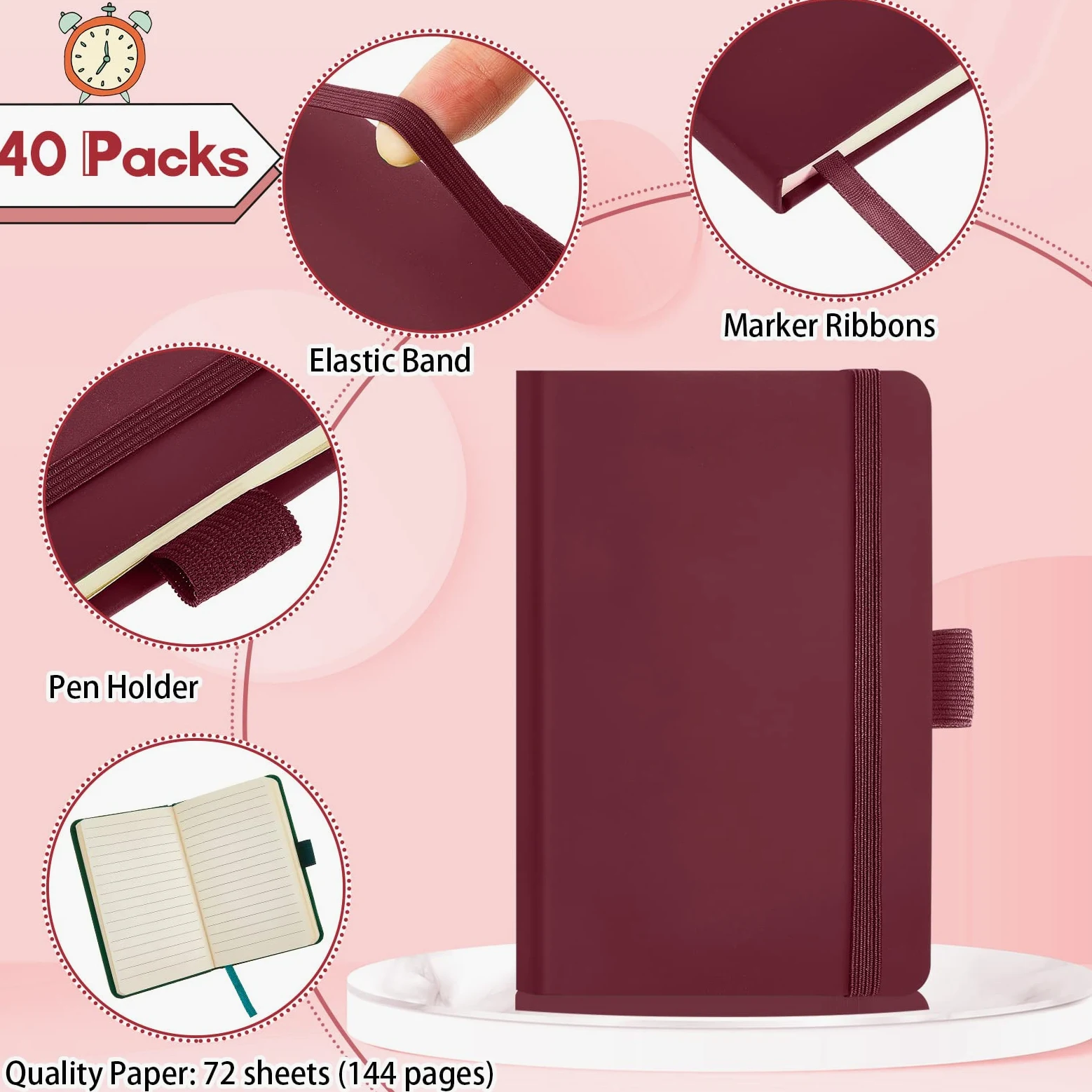 40 quaderni piccoli formato A6 tascabili da 8,5 x 15,5 cm, mini diario a righe con fascia elastica per penne e pagine per diario scolastico e ufficio (rosso vino)