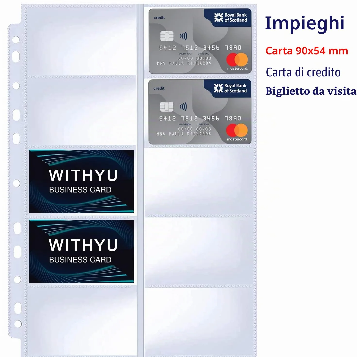 WITHYU 600 Tasche per Biglietti da Visita, Fogli Raccoglitori, Pagine ad Anelli 2/3/4, 10 Tasche Doppia Faccia, Polipropilene A4 Trasparente