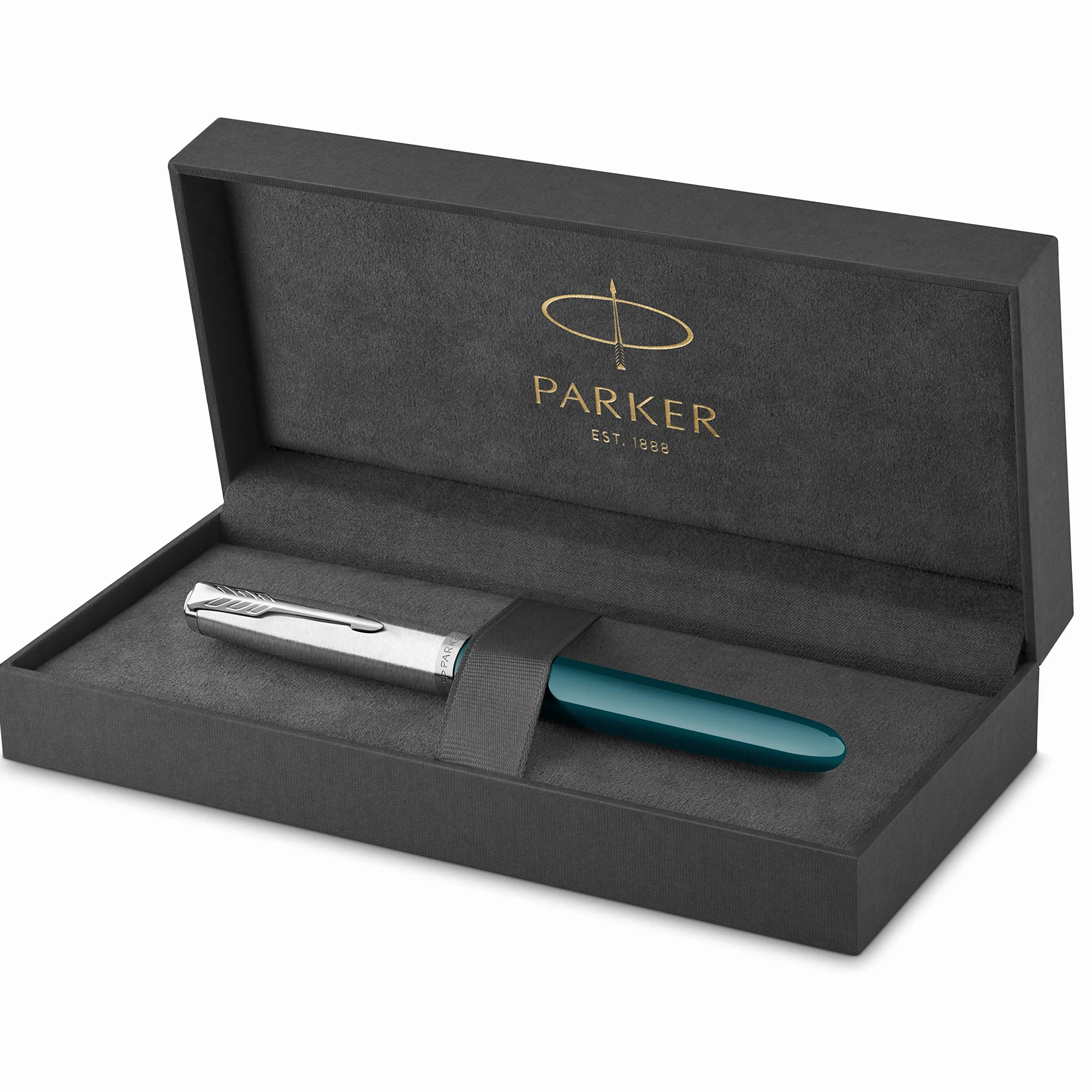 Parker 51 penna stilografica | Corpo blu foglia di tè con finiture cromate | Punta media con ricarica di inchiostro nero | Confezione regalo