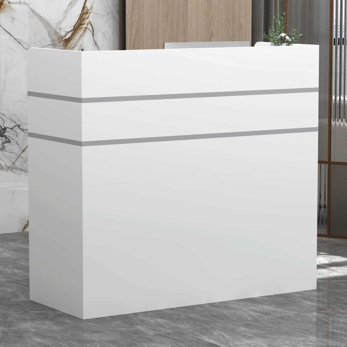 Banco reception, tavolo bancone per ufficio con 3 cassetti, disponibile, schermo privacy, bianco, MDF, maniglia in metallo, 110 x 120 x 48 cm