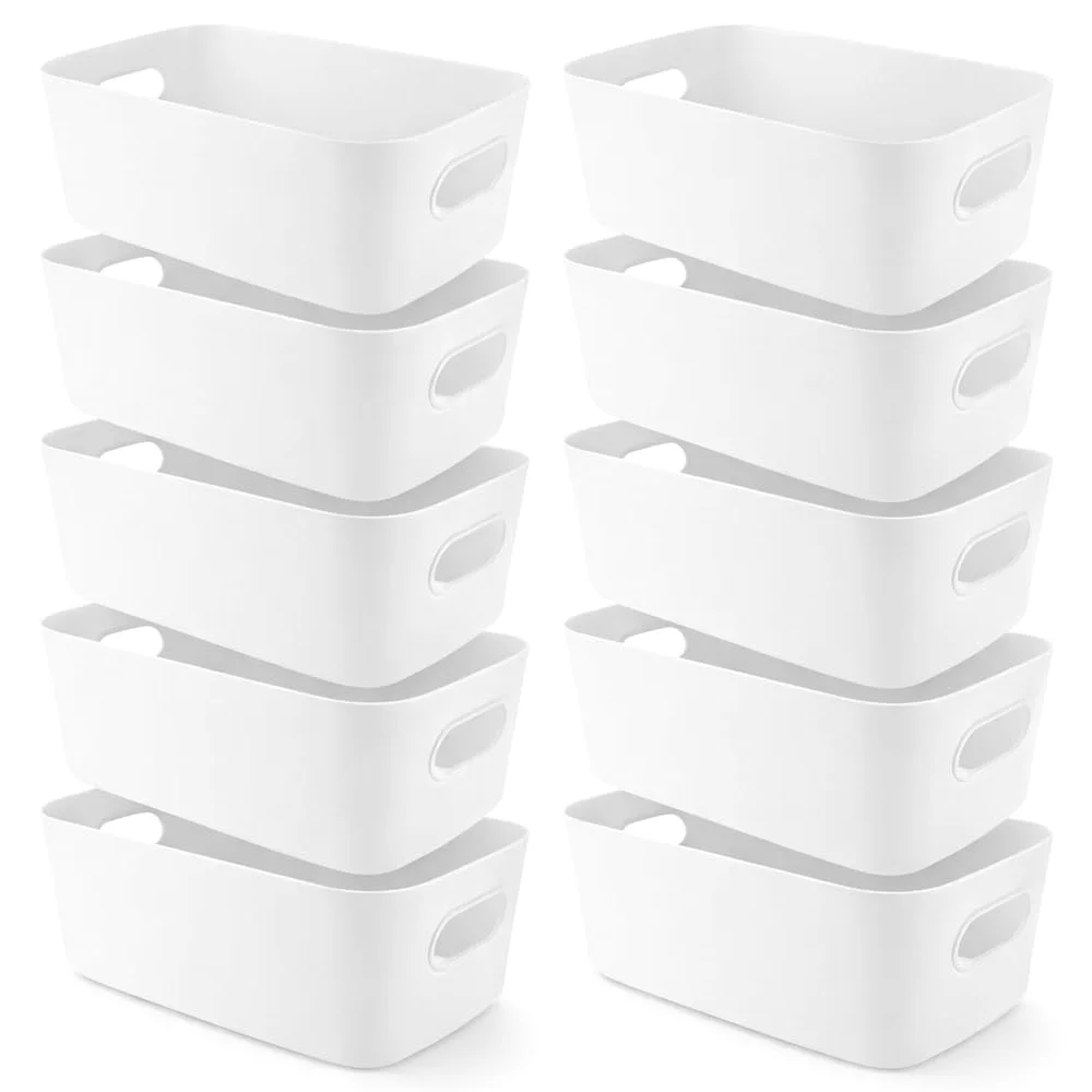 SHUESS 10 scatole portaoggetti in plastica, 30 x 20 x 12,5 cm, grandi cesti bianchi, scatole portaoggetti in plastica con manico, scatole impilabili per cucina