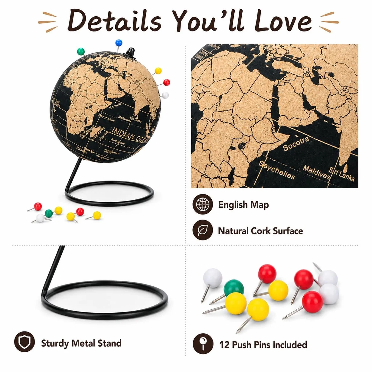 EXERZ Mappamondi in Sughero Naturale 14 cm con 12 Spilli Inclusi – Globo Educativo per Viaggi, Avventure e Pianificazione di Vacanze