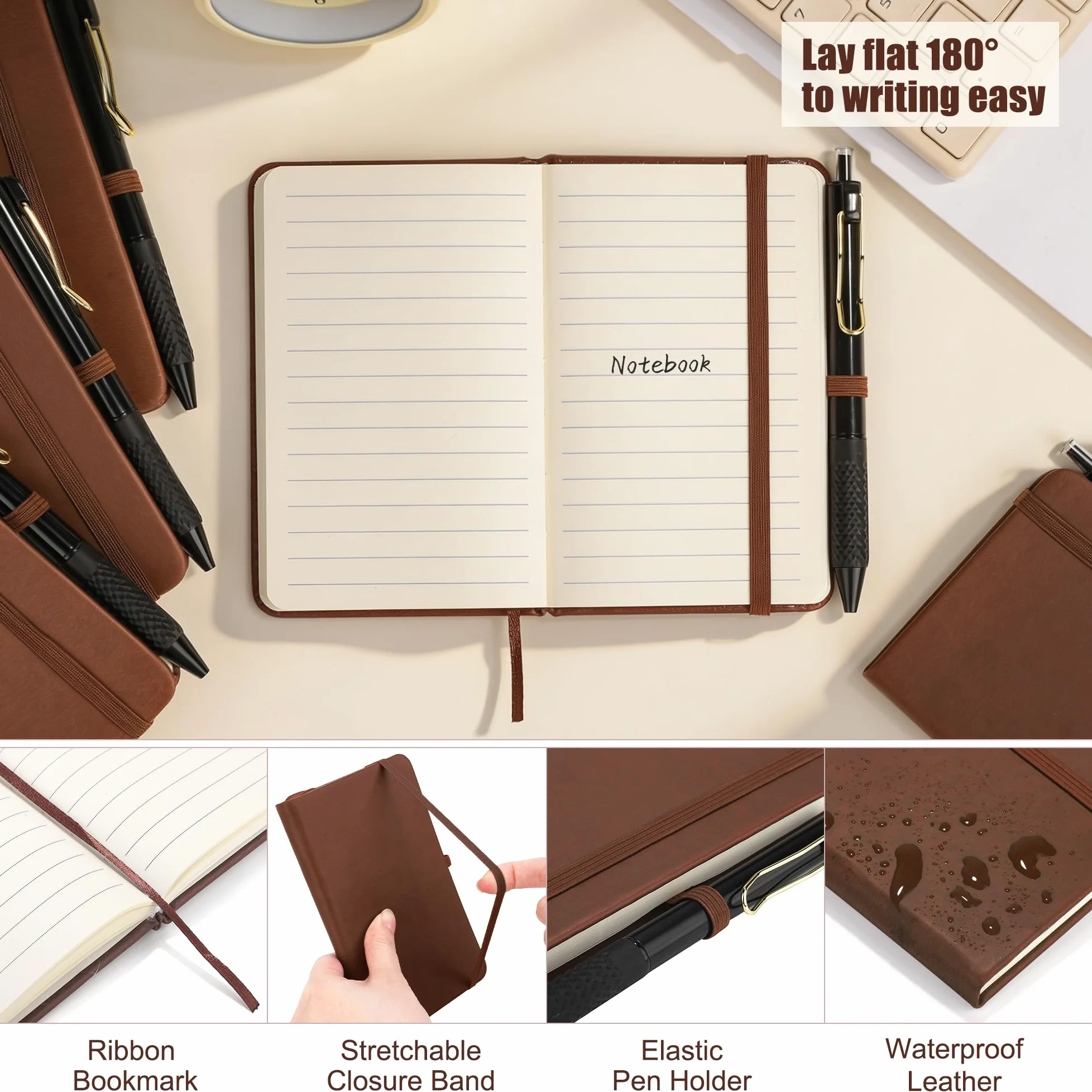 Aodaer Set di 50 quaderni tascabili con penne, 160 pagine, 8,9 x 14,9 cm, mini taccuino a righe, formato A6, in pelle, con copertina rigida, blocco note a righe con portapenne, per scuola, ufficio