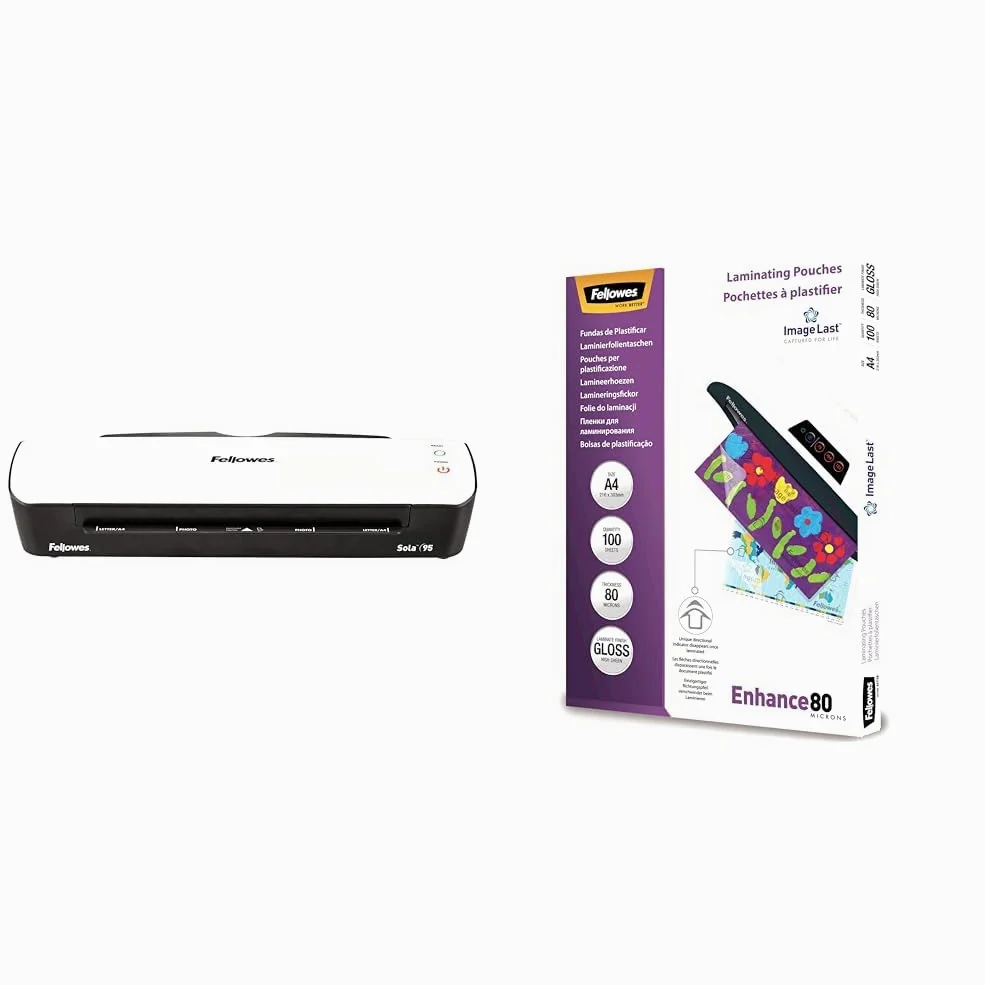 Fellowes plastificatrice Sola, formato A4, fino a 125 micron + Pouches Di Plastificazione per Documenti, Formato A4, 100 pezzi