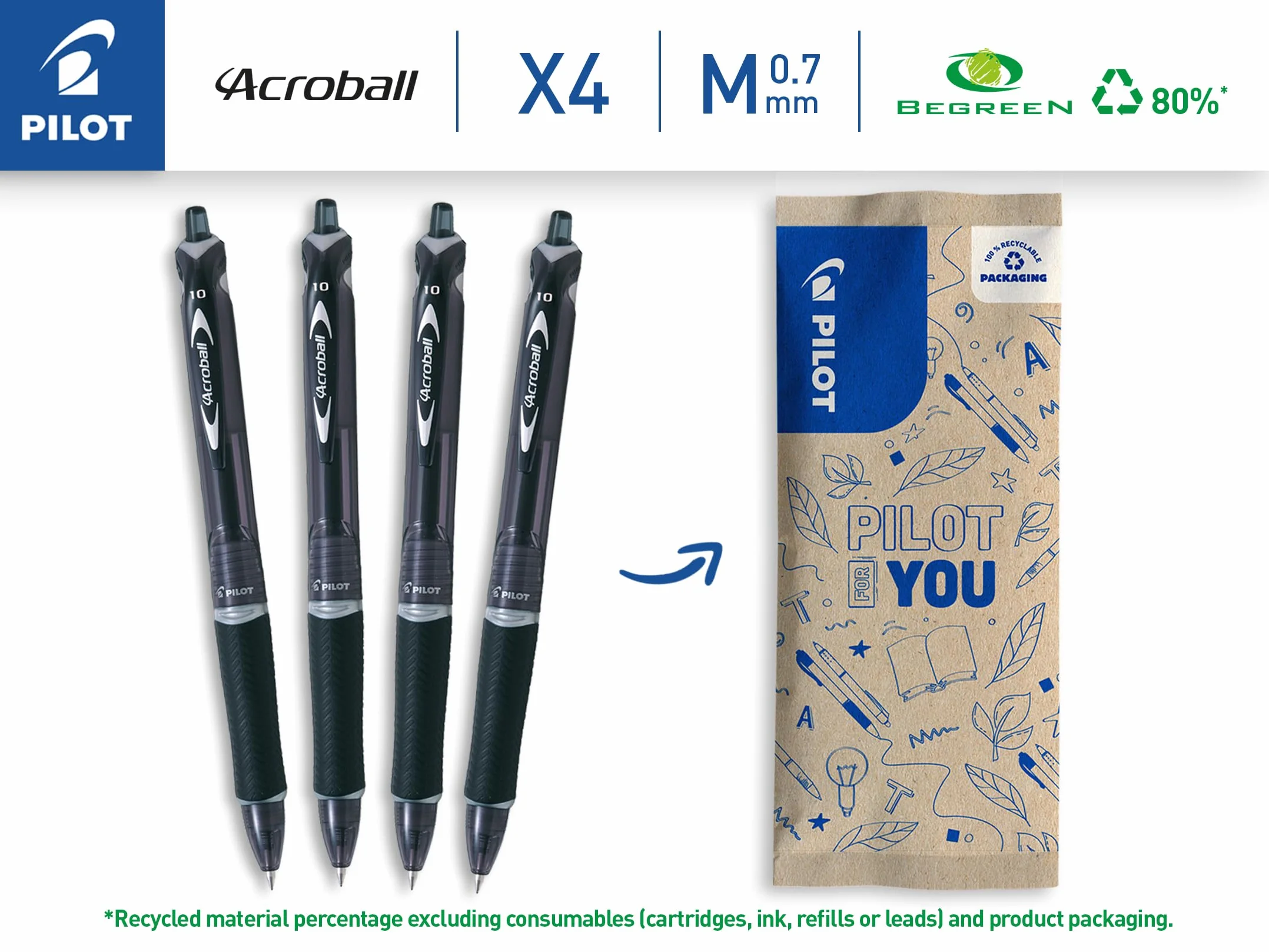 PILOT Set di 4 Penne Acroball Penna a sfera ricaricabile inchiostro ultra morbido punta Media Nero