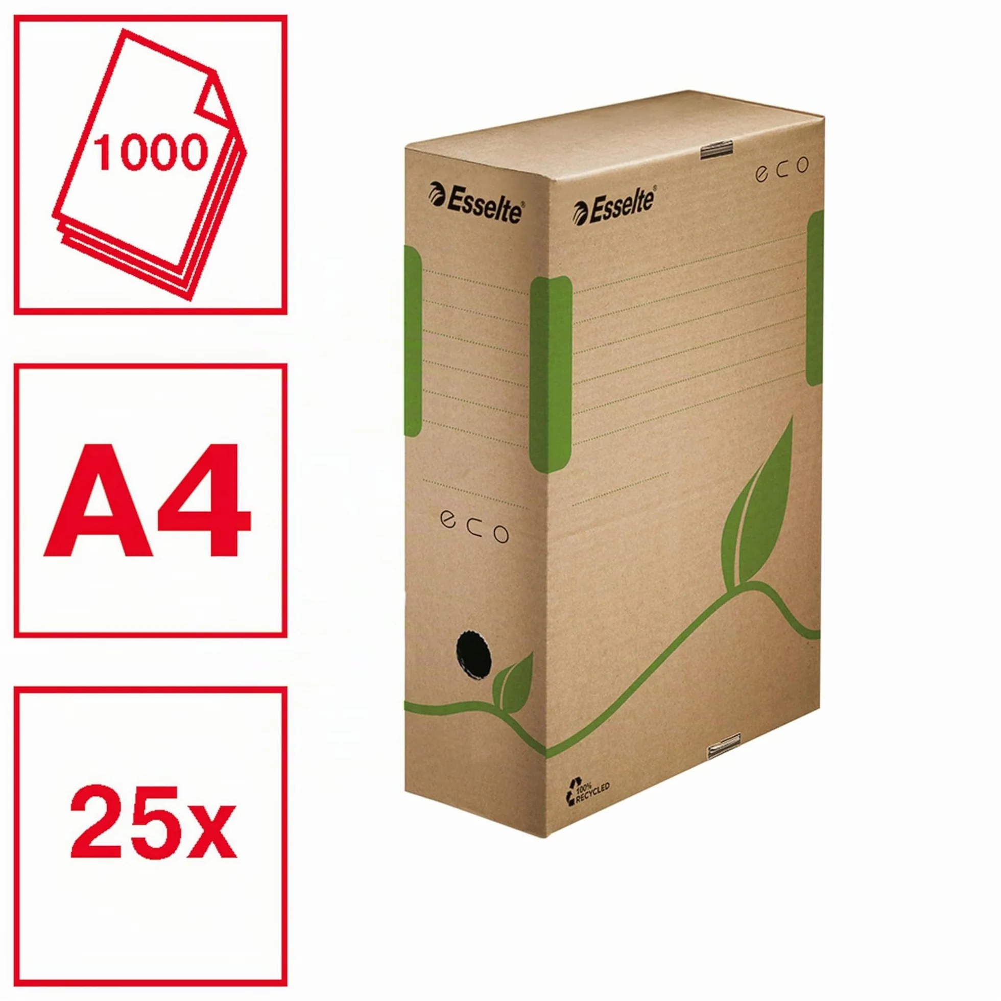 Esselte Ecobox Scatola archivio Eco, Dorso 10 cm, Per formato A4, Cartone ondulato riciclato al 100%, 10 x 32.7 x 23.3 cm, Marrone (Ocra), 25 pezzi, 623917