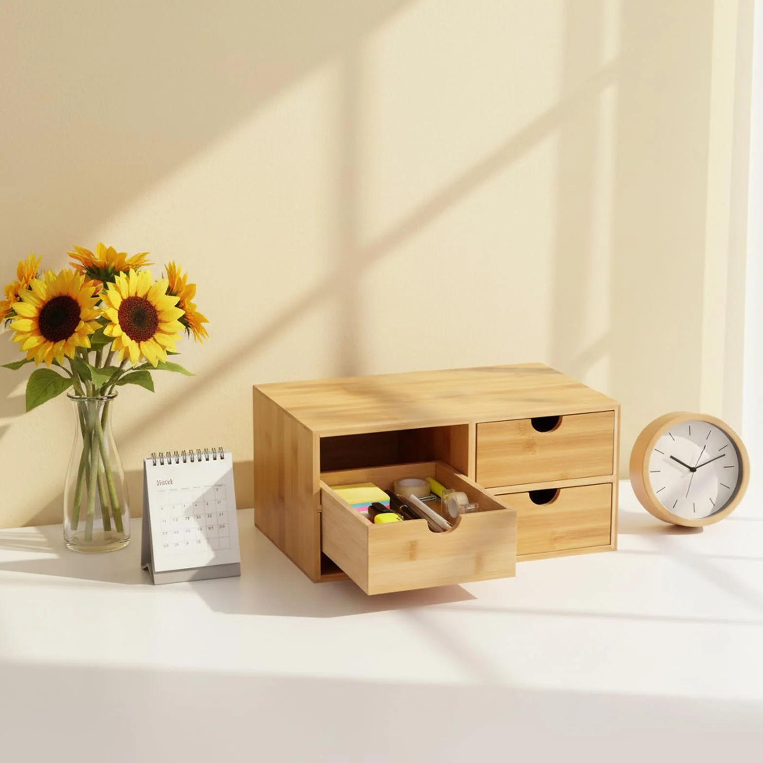 Scatola portaoggetti in legno con 4 scomparti, 33 × 19 × 16 cm, grande organizer da scrivania, adatto per soggiorno, camera da letto, studio, uffici e case per studenti