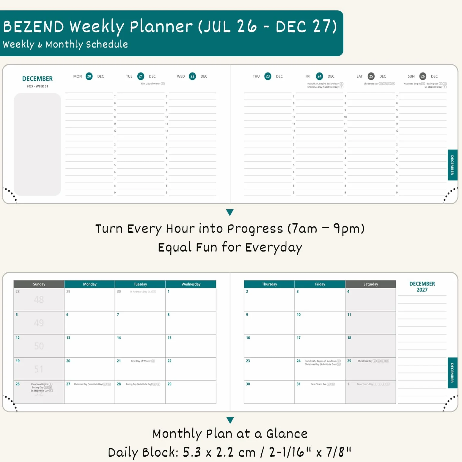 BEZEND Planner 2026 2027 settimanale e mensile (22,9 x 14 cm), calendario 18 mesi con calendario verticale giornaliero (26 luglio-27 dicembre), uguale spazio anche per il fine settimana, lavoro a casa