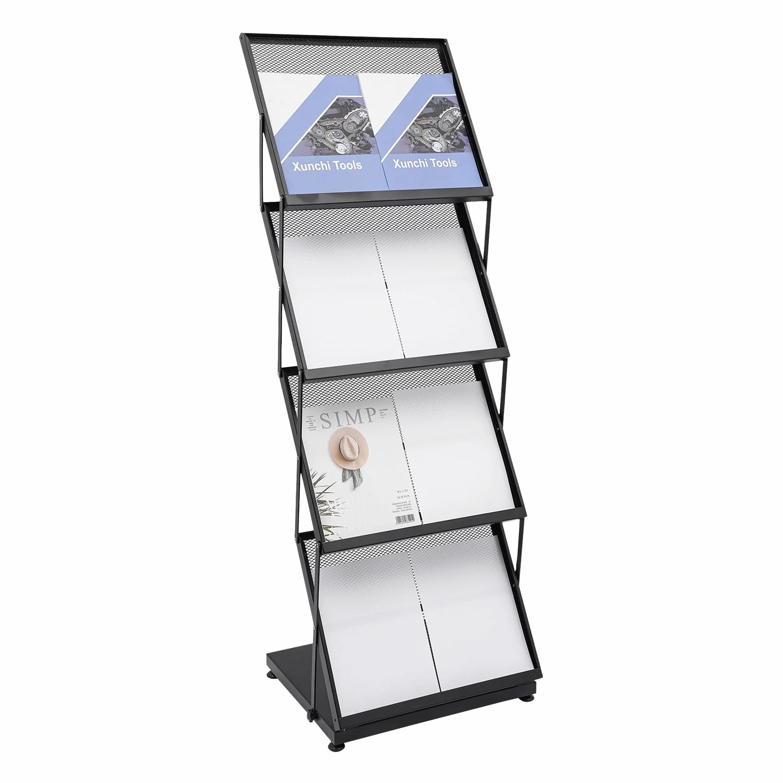 Espositore pieghevole A3 4 livelli nero 46x37x132cm, struttura in ferro antiruggine, capienza elevata per casa, ufficio e fiere