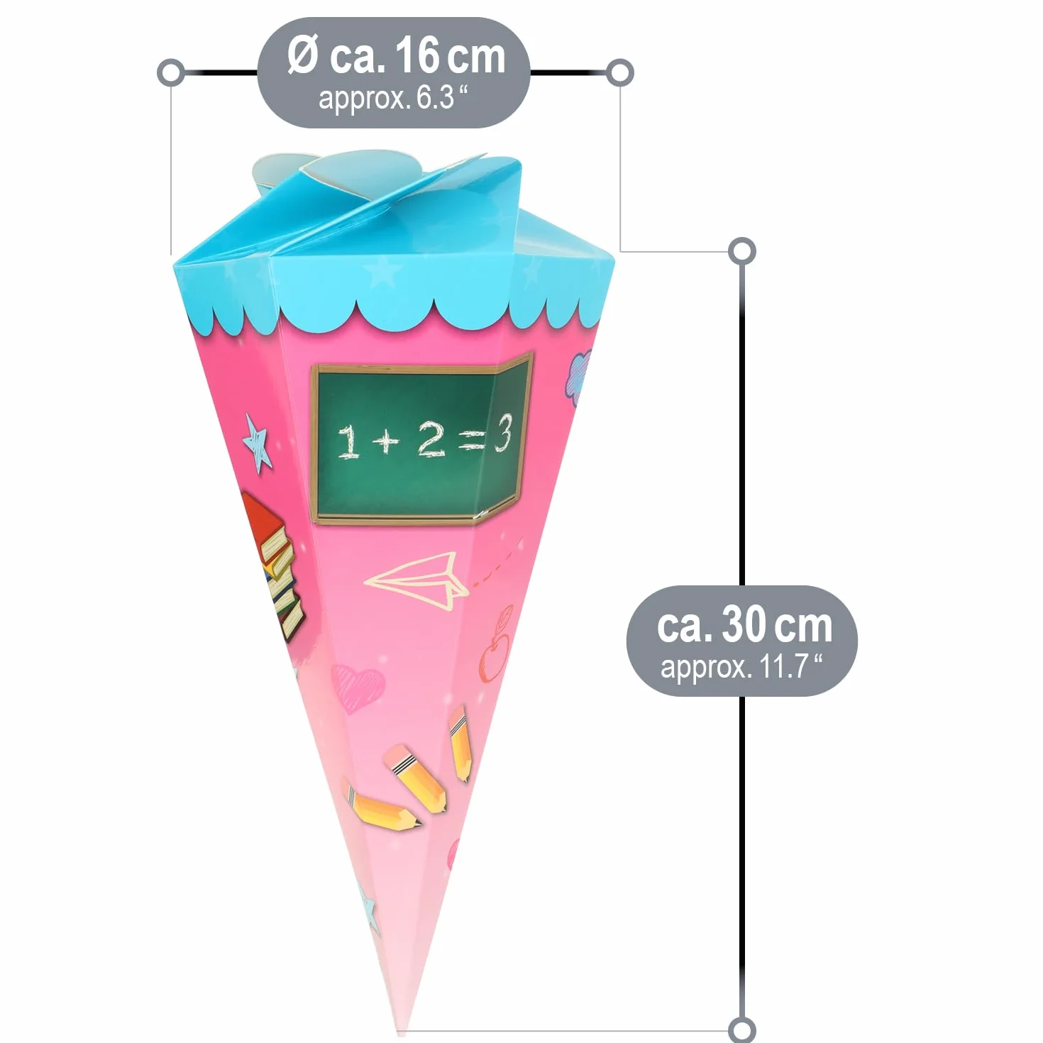com-four® Mini Coni Scuola 30 cm – Coni in Cartone per Inizio Scuola (2 Giallo-Verde/Blu-Rosa)