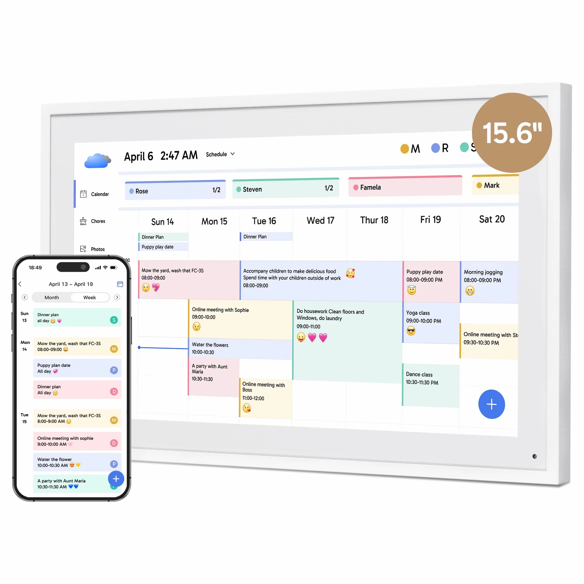 Dragon Touch Calendario Digitale 15,6" Touch Screen, Smart Cornice Digitale WiFi con App Gratuita, Chore Chart Interattivo, Auto-Rotazione e Luminosità, Montaggio a Parete(Bianco)