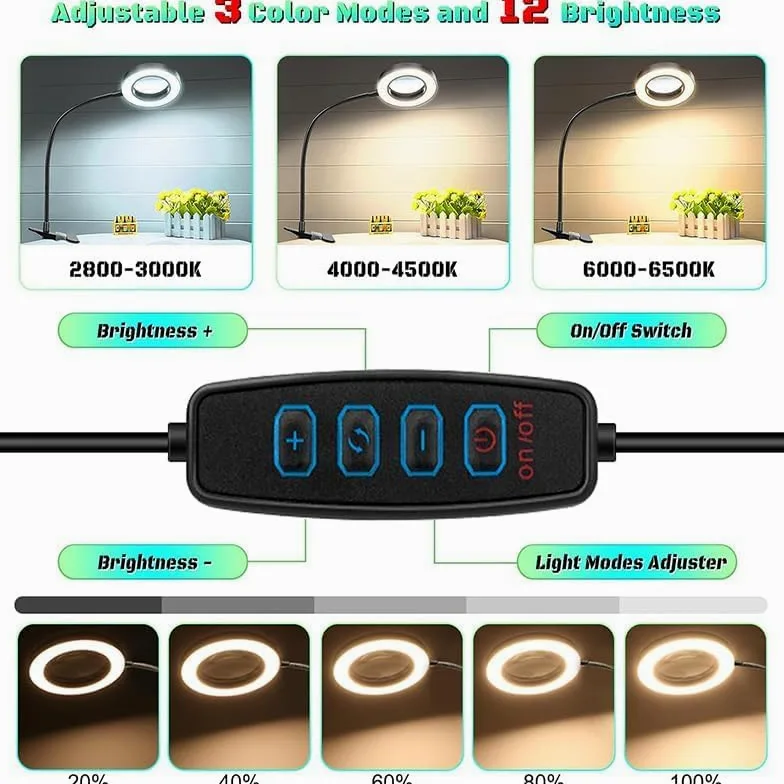 Lente d'ingrandimento 10x con 3 modalità di colore, lampada da scrivania illuminata a LED con morsetto in metallo, lente d'ingrandimento flessibile a collo d'oca per lettura nail art (nero) nero