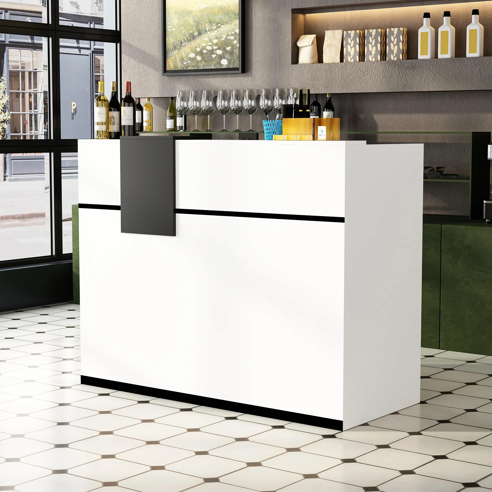 Banco di reception, banchi di reception, banchi di ricevimento, bancone con cassetti e armadi chiudibili, bancone con ripiani aperti regolabili, 140 x 60 x 110 cm, MDF