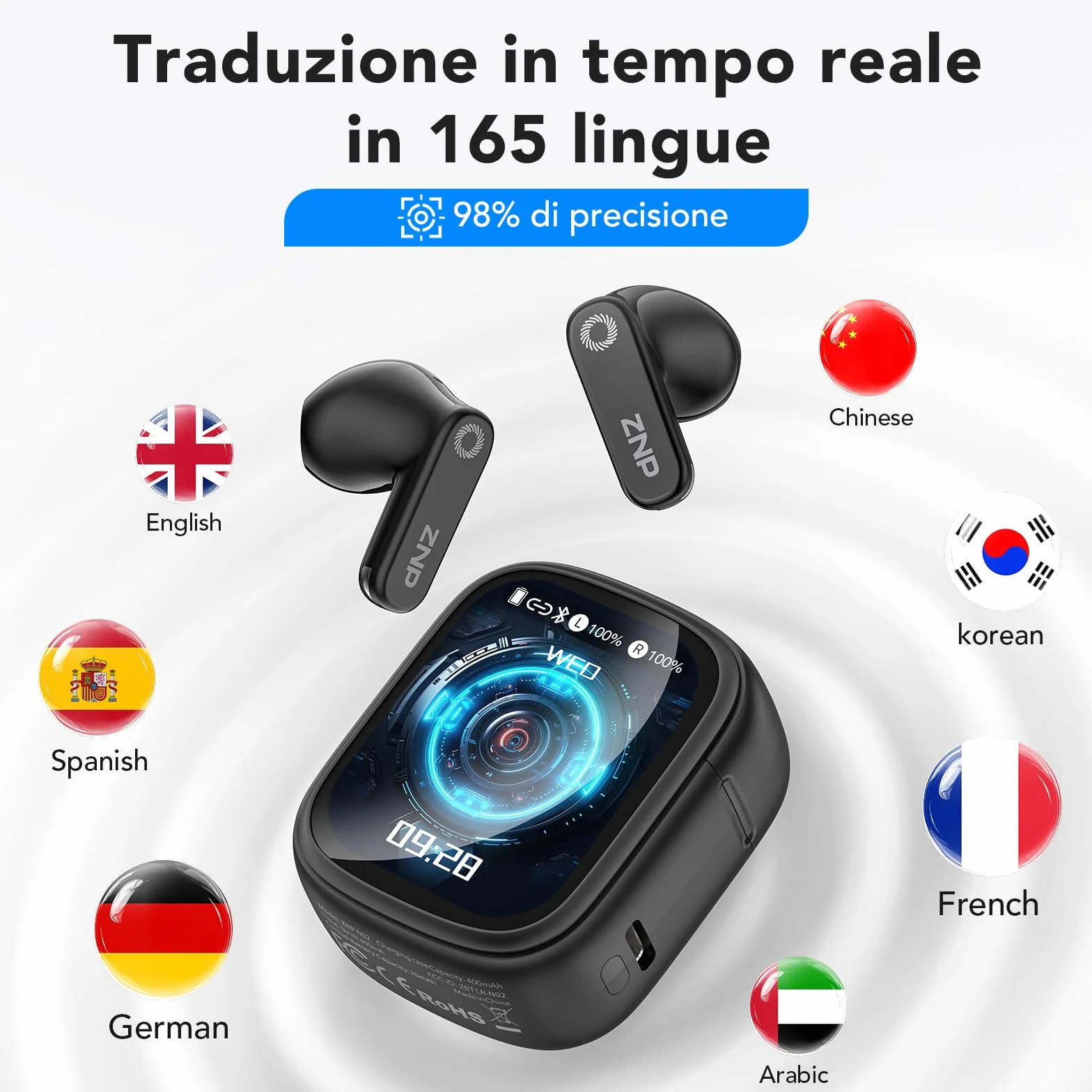 N02 Auricolari Traduttore AI 4 in 1, Cuffie con Traduzione Simultanea in Tempo Reale, 165 Lingue e 9 Modalità di Traduzione, Assistente AI, Display LCD Touch, Bluetooth 6.0 per Viaggi, Lavoro e Studio