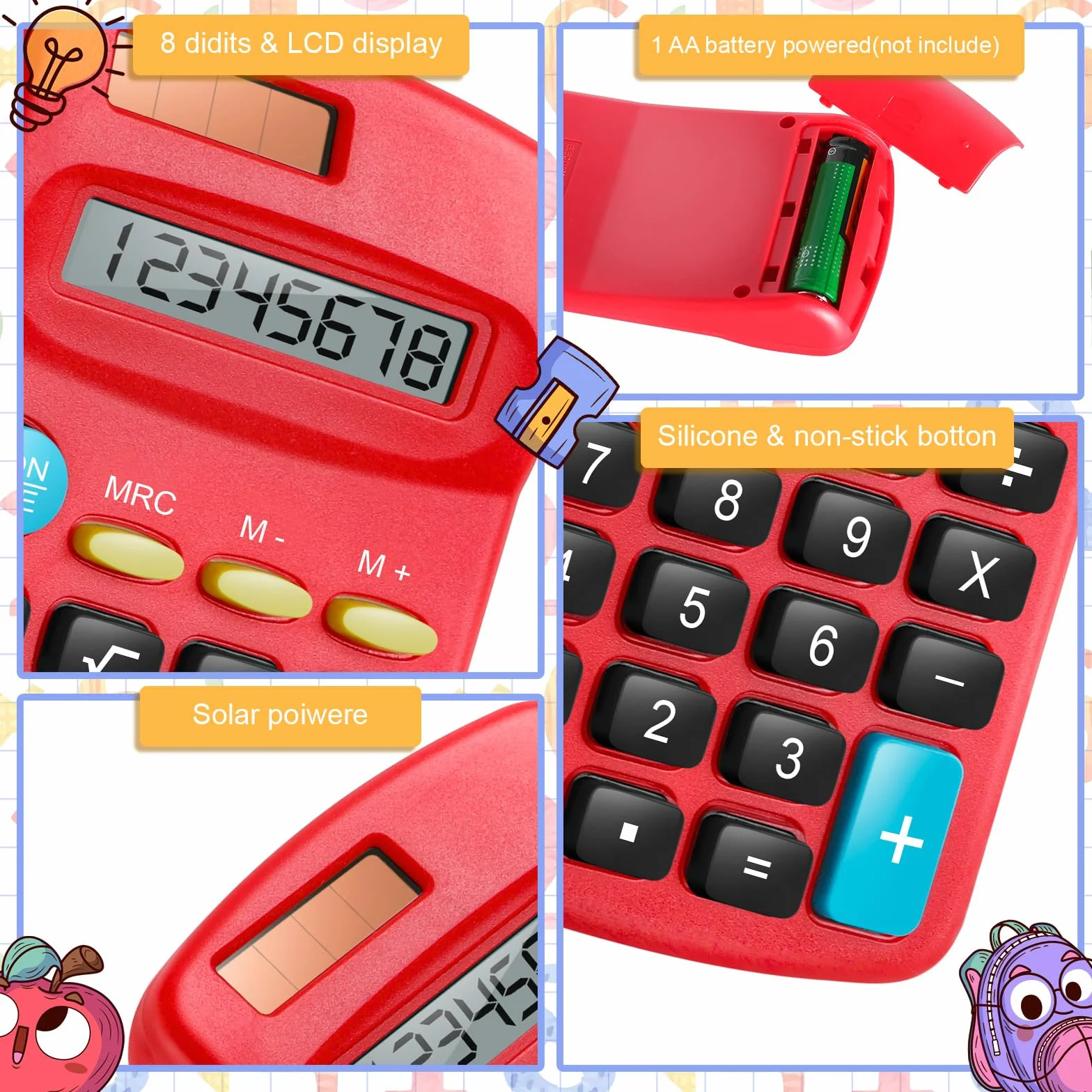 Confezione da 24 mini calcolatrici tascabili per studenti ad angolo portatile, display a 8 cifre, batteria solare, doppia alimentazione, piccola calcolatrice per studenti, bambini, casa, ufficio (12