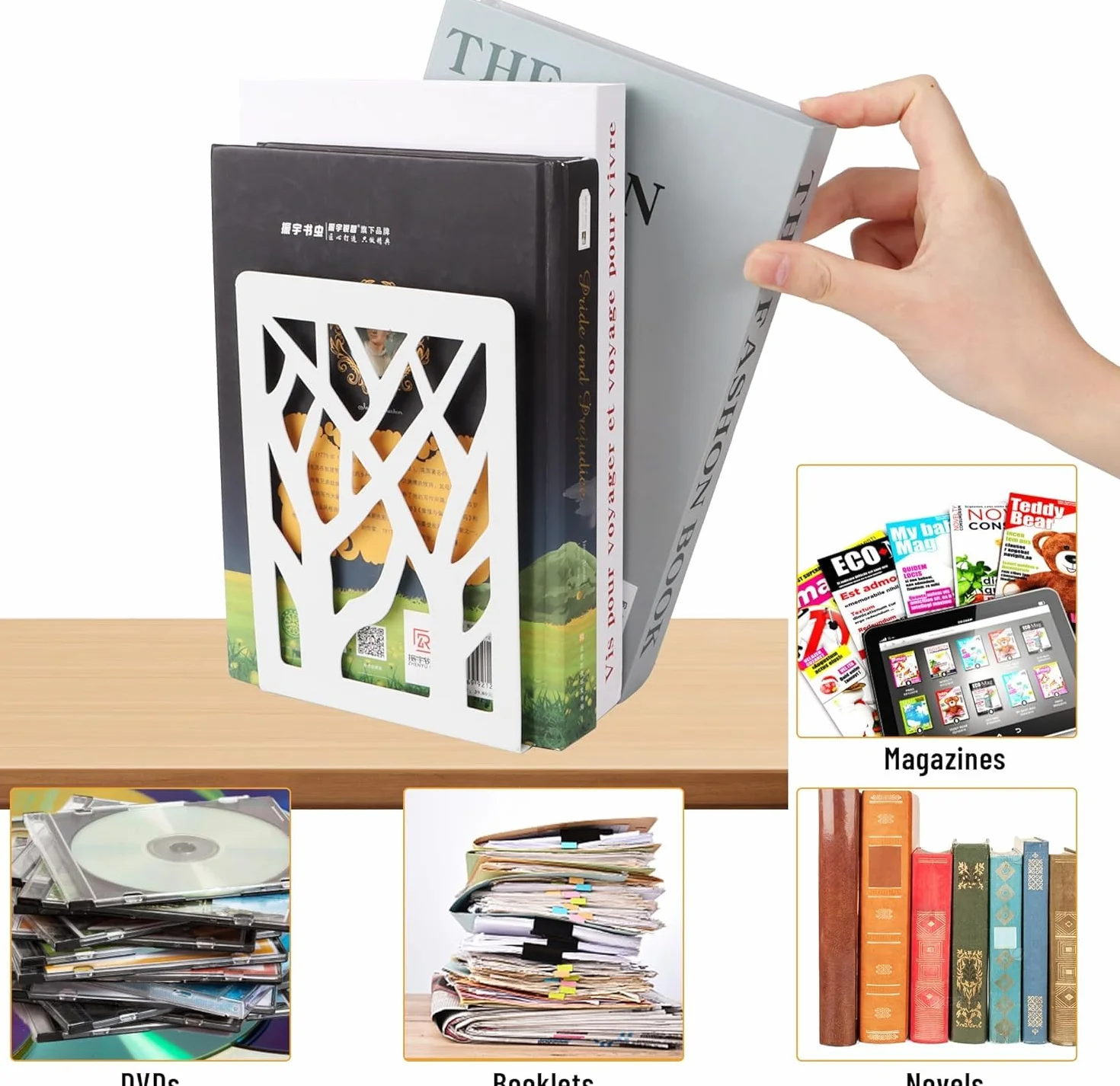 Fermalibri in Metallo per Scaffali, Bookends con Antiscivolo, Bianco