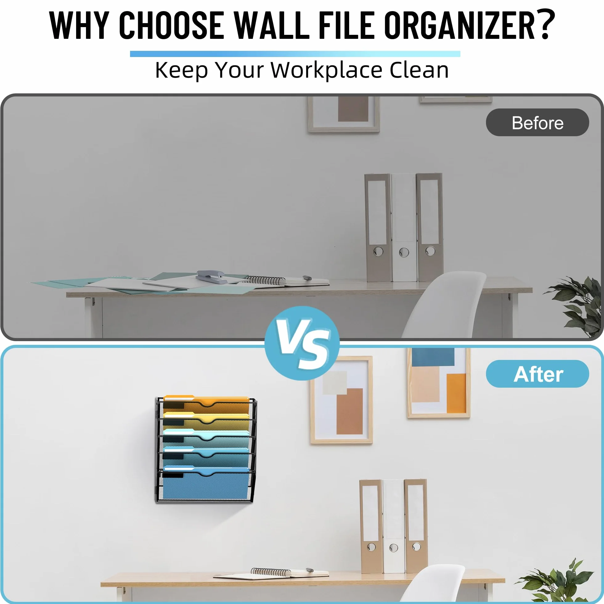 SUPEASY Organizer da parete a 5 ripiani con ganci, organizer per documenti da appendere, organizer per posta da parete, per documenti, cartelle, riviste da ufficio, nero, confezione da 2