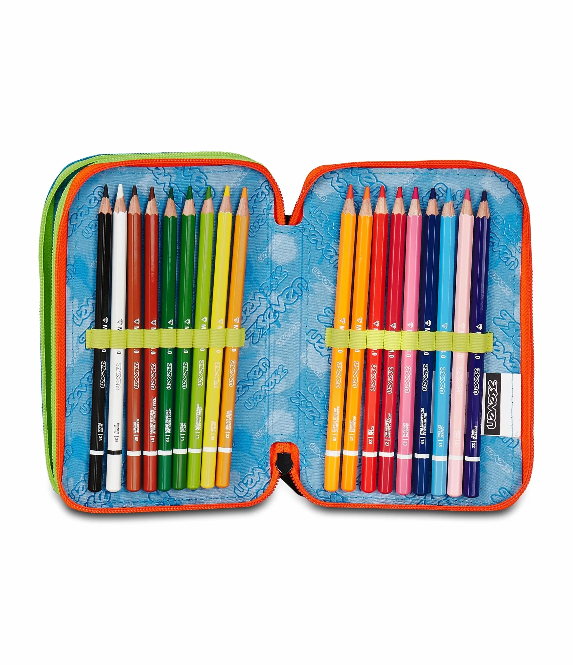 Seven Astuccio Scuola 3 Zip SCRIBBLED FLAME, Blu, Portapenne Triplo Scomparto Completo Di Penne, Matite, Colori, Accessori Zaino, Scuola Elementare, Bambino