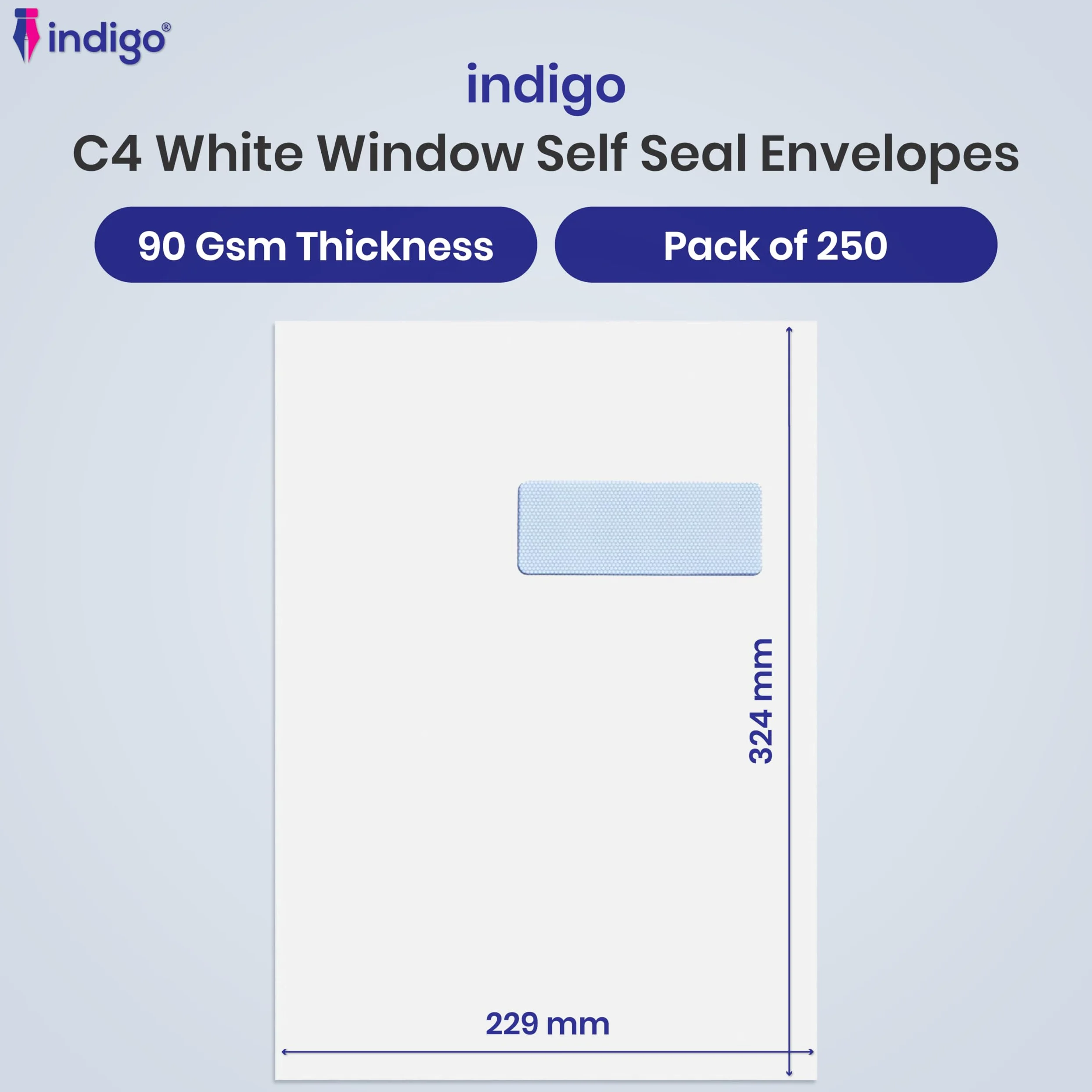 Indigo® Buste formato C4 con finestra autoadesiva, confezione da 250
